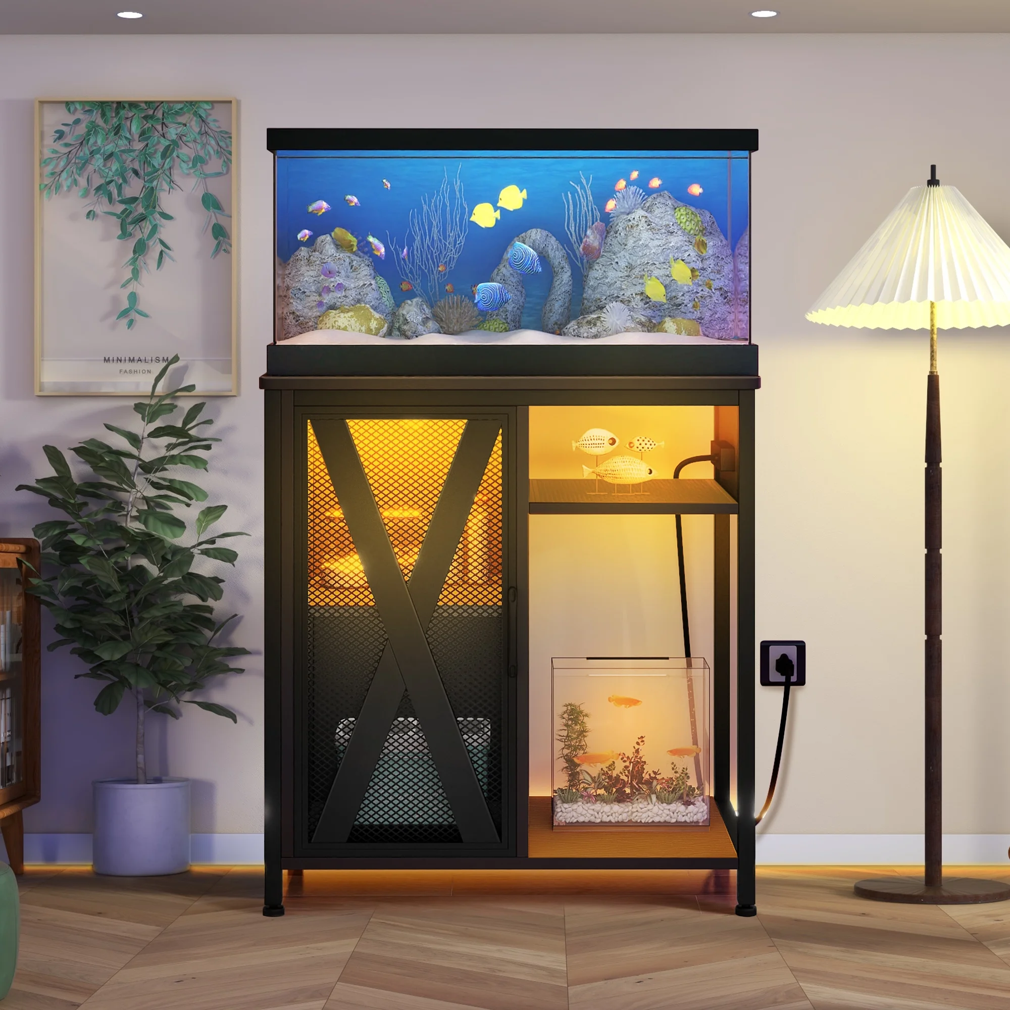 Dextrus 20-29 Gallon Aquarium Stand with Power Outlets & LED Light, Aquarium/Fish Tank Stand with Cabinet, 385LBS Capacity - Black