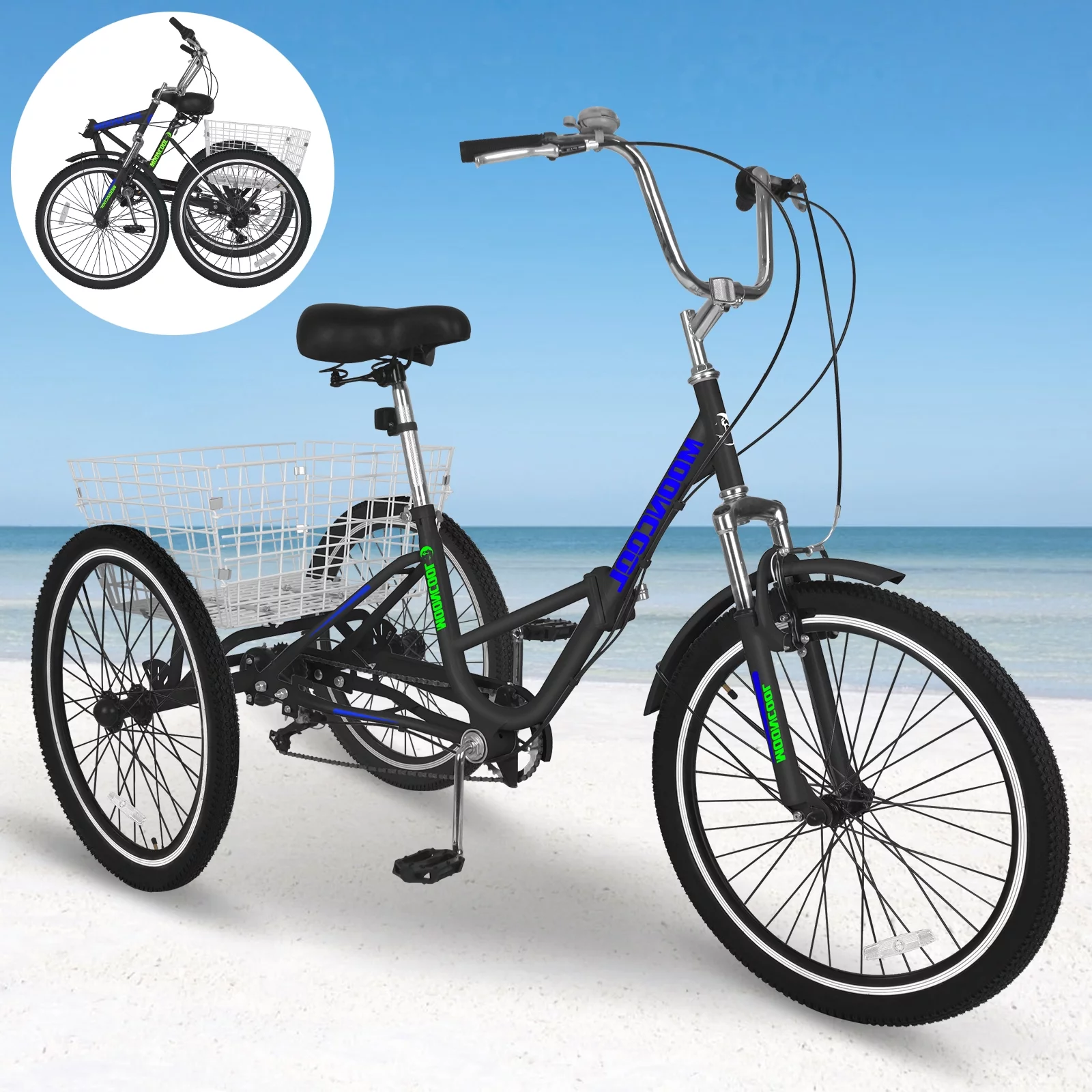 Adult Folding Tricycles Folding Bikes, 7 Speed 24Inch 3 Wheel Adult Trikes Cruiser Bike with Large Basket, Foldable Tricycle for Adults, Women, Men, Seniors