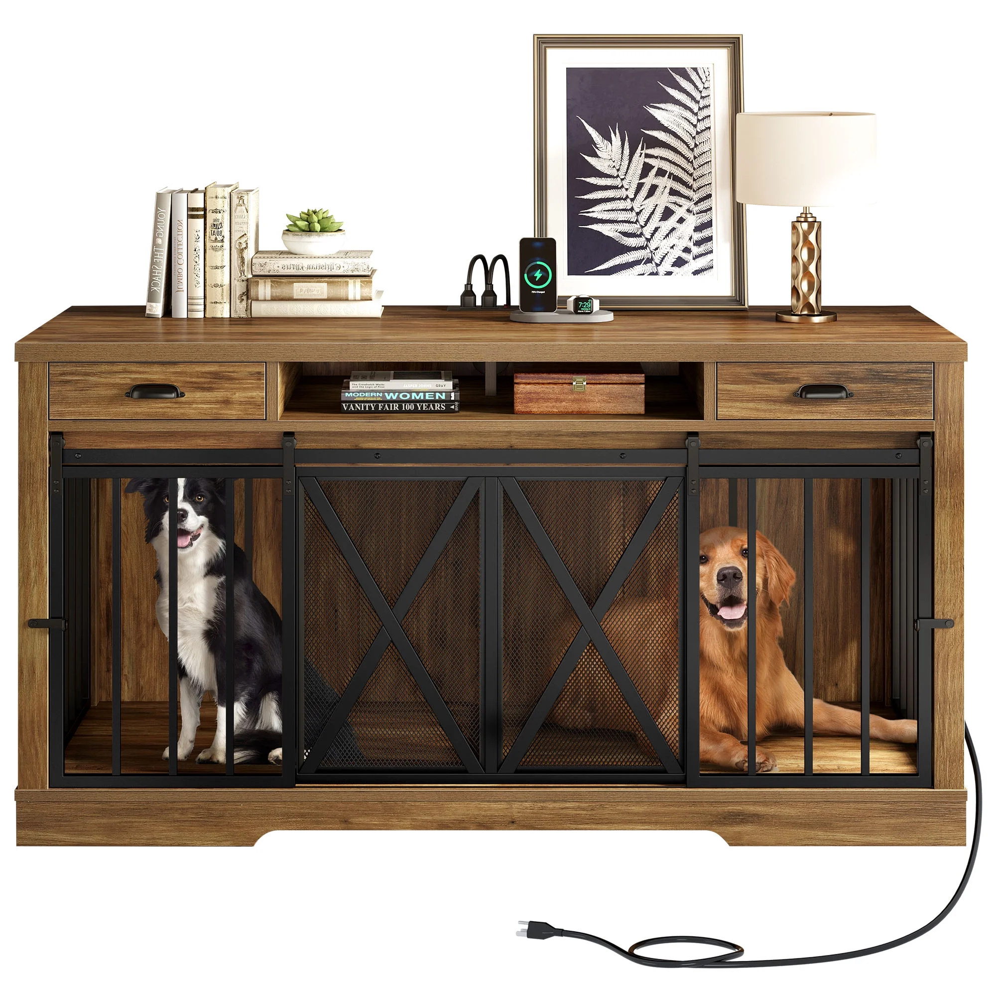 DWVO Large Dog Crate Furniture TV Stand with Charging Station, 63in Rustic Heavy Duty Metal Wooden Dog Crate and Kennel for Small Medium Large Dogs