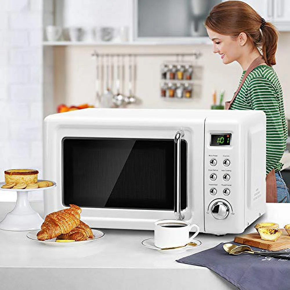 Retro Microwave Oven,Safeplus 0.7Cu.ft, Countertop 700W Microwaves with Cold Rolled Steel Plate 5 Micro Power Defrost & Auto Cooking Function LED Display Glass Turntable and Viewing Window Child Lock