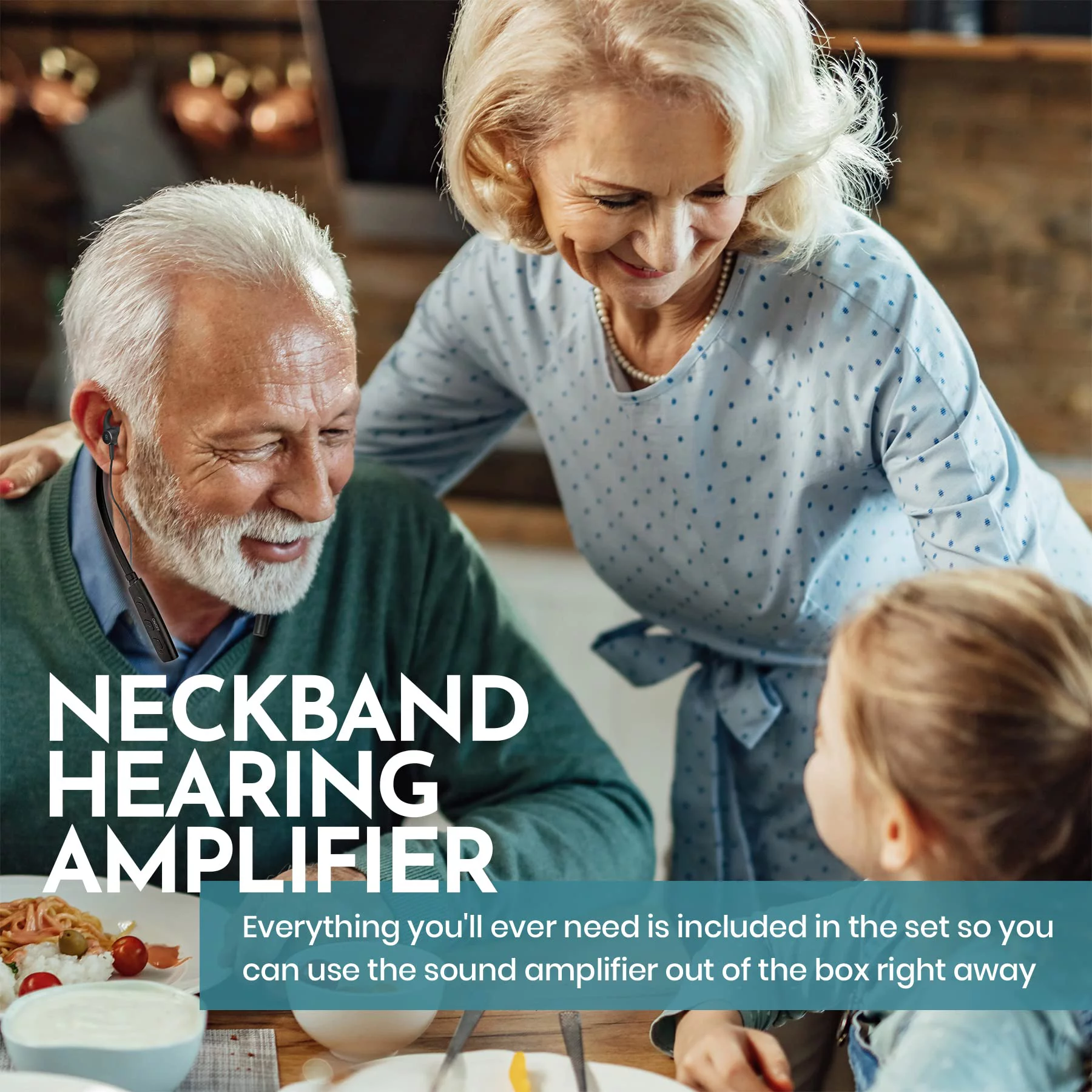 Rechargeable Hearing Amplifier - Wireless Hands-Free Neckband, Black by MEDca