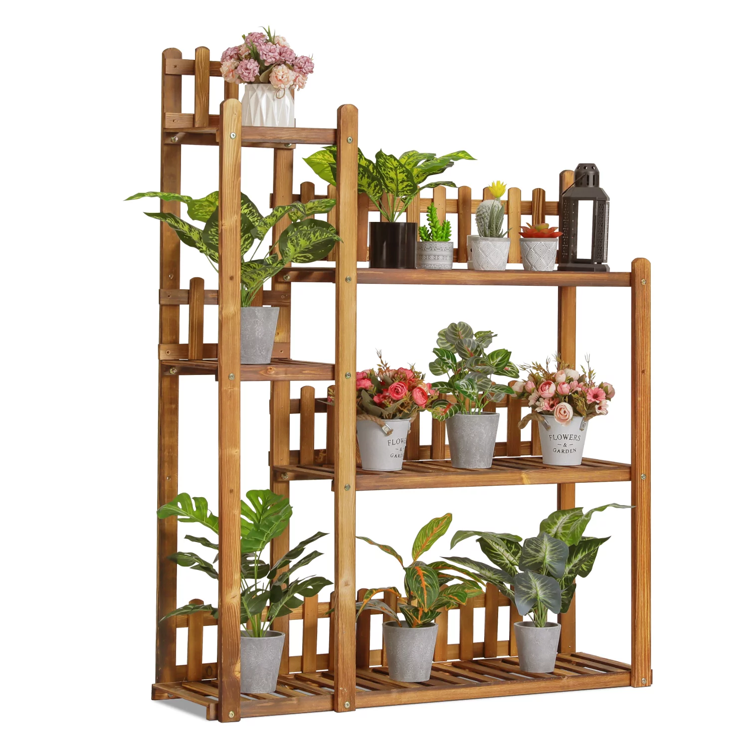 MoNiBloom Wood 5 Tiers Plant Stand, Flower Display Rack, Fence Lawn, Carbonized, for Garden