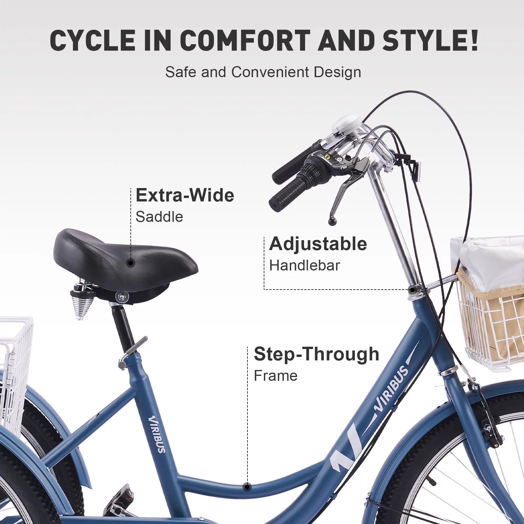 VIRIBUS 7 Speed 26 Inch Tricycle with Flexible Seating and 2 Baskets Matte Blue