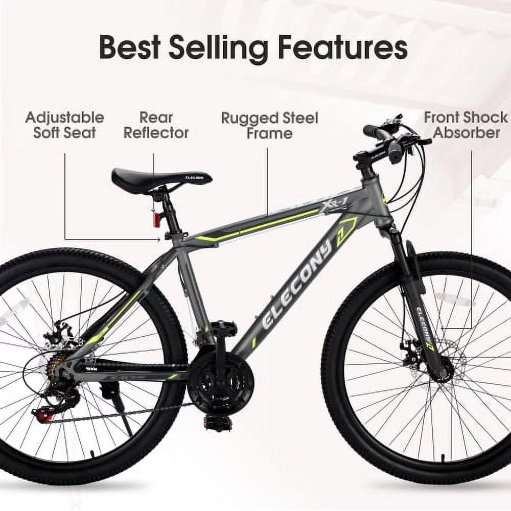 Vebreda 24 Inch 21 Speed Mountain Bike Boys Girls with Daul Disc Brakes and Front Suspension MTB，Gray