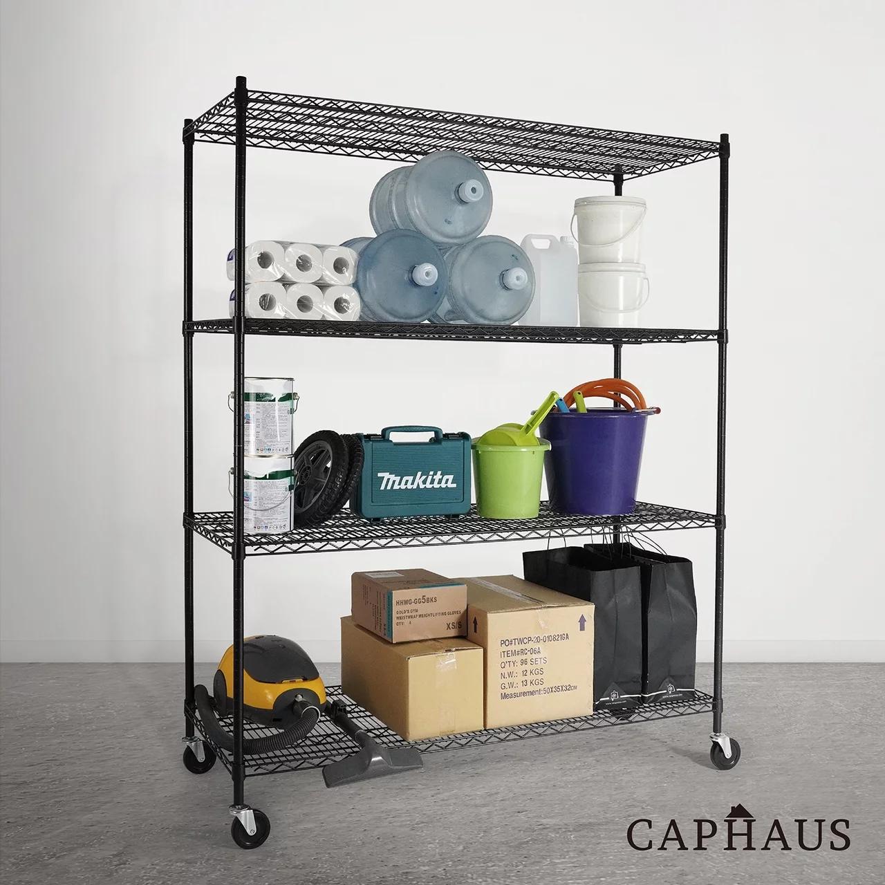 CAPHAUS 4-Tier Commercial Grade Heavy Duty Adjustable Height Wire Shelving w/ Wheels & Leveling Feet, Storage Metal Steel Shelf, Garage Shelving Storage, Utility Wire Rack Storage Shelving Unit