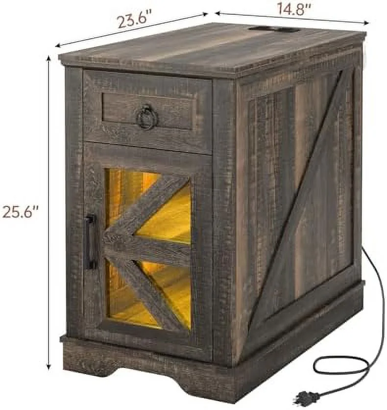 JDZHAPPYLIFE End Table  with LED Lights & Charging Station  Farmhouse Wooden Set 2  with Sliding Drawers  Narrow Nightstand with LED Lights for Bedroom  Living Room (White  2PCS)