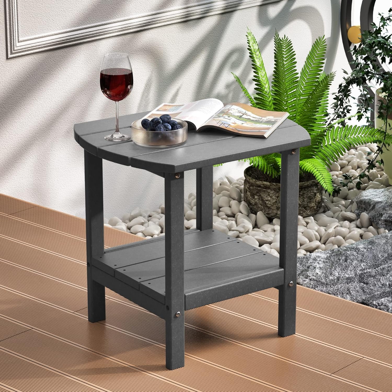 Patio Adirondack Side Table, Outdoor End Tables All-Weather Resistant HDPE Humidity-Proof Long Time Use for Deck, Lawn,Garden, Porch, Backyard End Table(Gray Color-2 Tier)