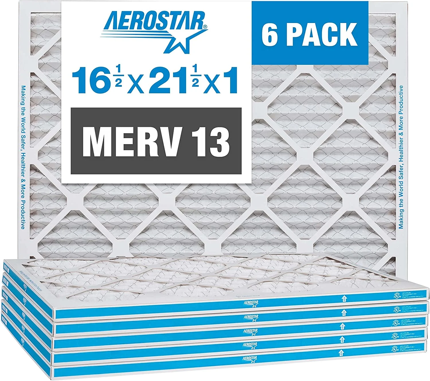 Aerostar 16 1/2x21 1/2x1 MERV 13 Pleated Air Filter, AC Furnace Air Filter, 6-Pack (Actual Size: 16 1/2