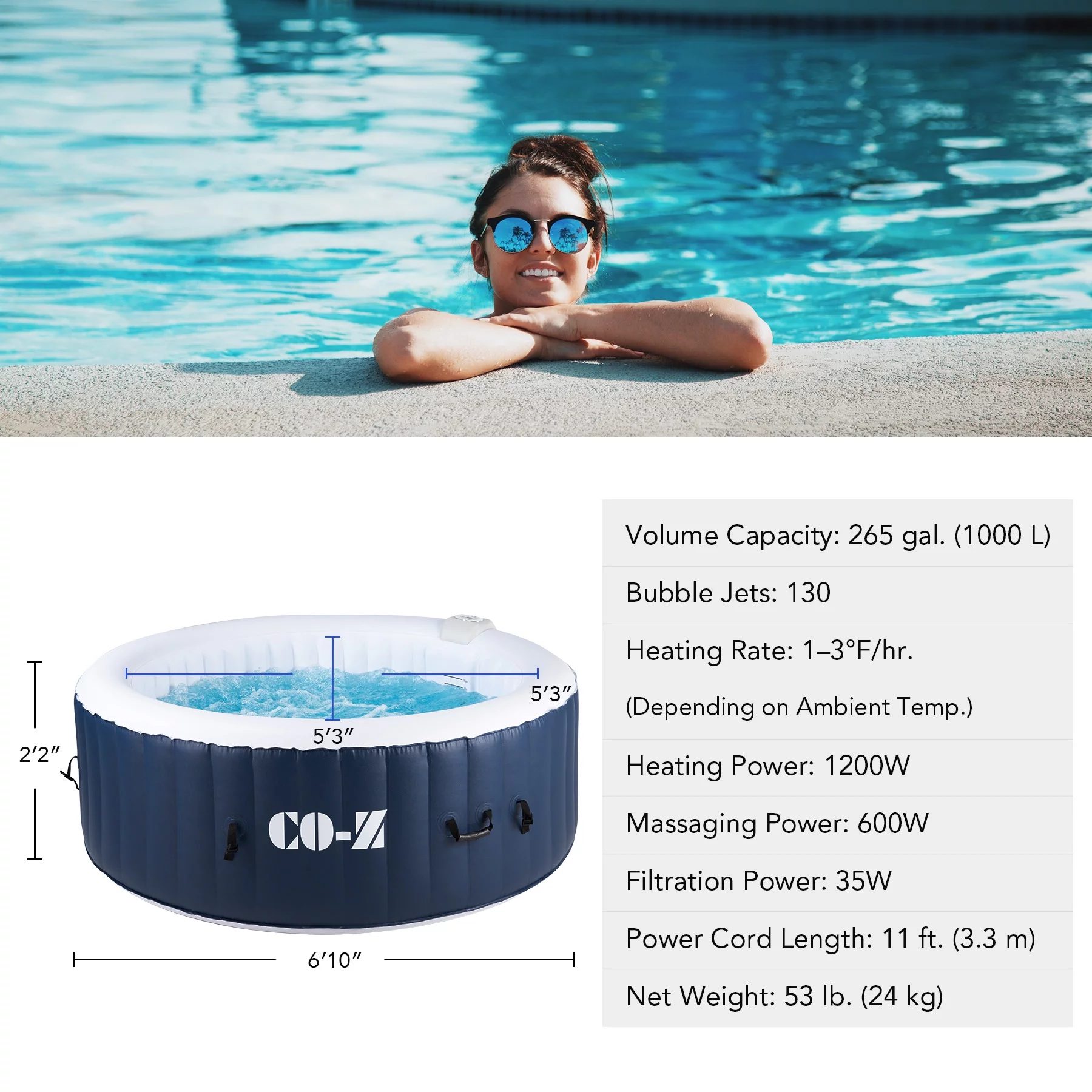 CO-Z 4-6 person PVC Round Inflatable Spa Tub,6.8x6.8ft Inflatable Hot Tub w 130 Massaging Jets,2 Filters, Lockable Cover for Patio & More,Blue