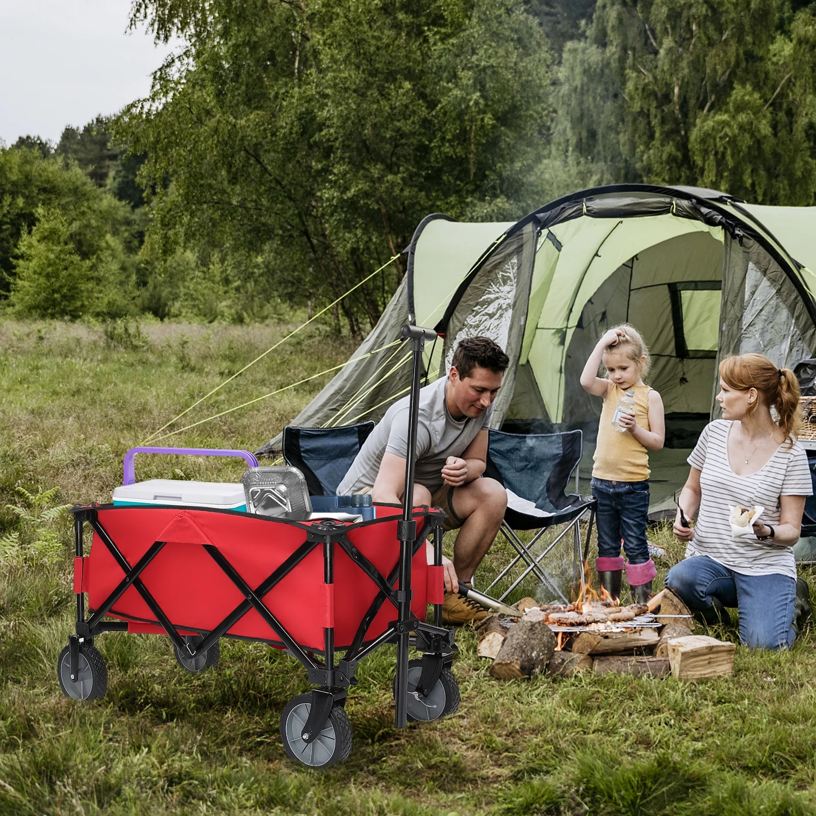 Red Collapsible Outdoor Wagon with All-Terrain Wheels and Adjustable Handle - Perfect for Families, Camping, and Beach Trips