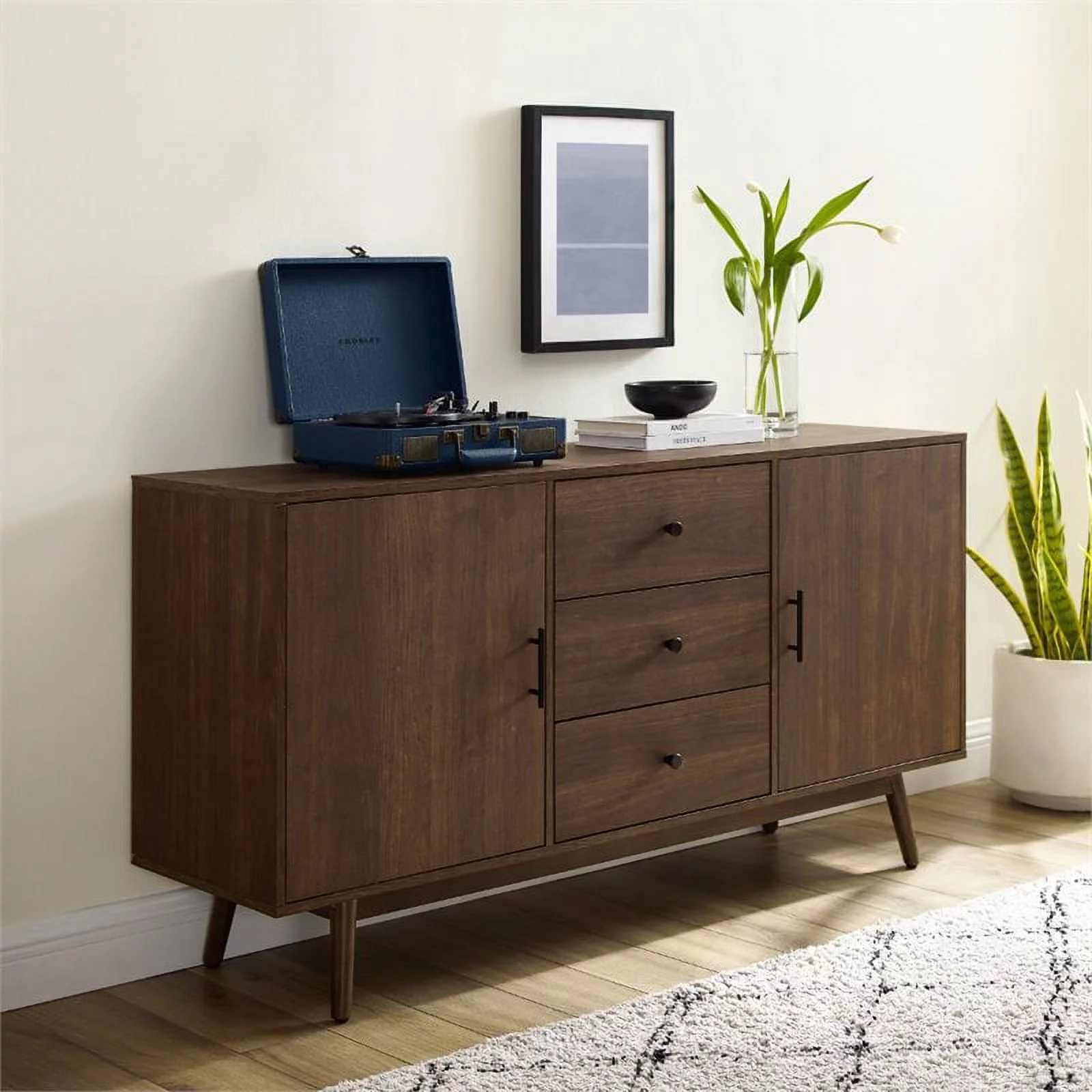 Pemberly Row 3-Drawer Mid-Century Wood Sideboard Buffet Cabinet in Brown