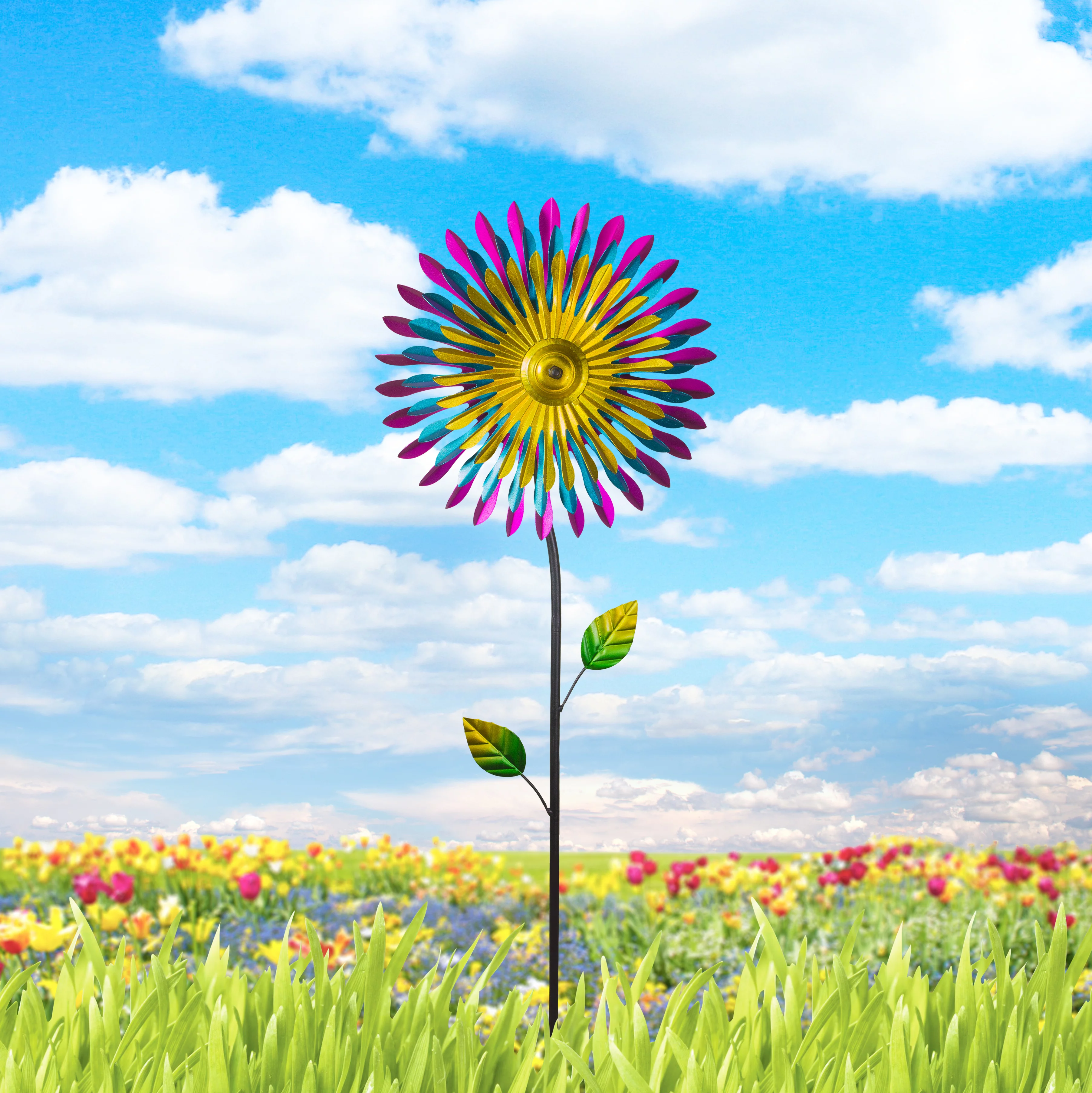 Alpine Corporation 47-inch Daisy Metal Wind Spinner Garden Stake, Multicolor