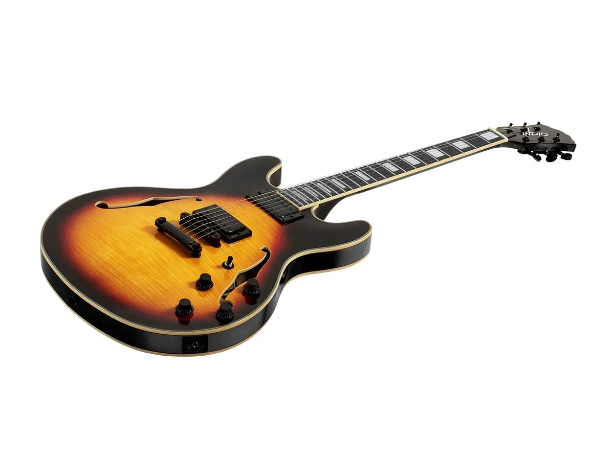 Monoprice Indio Boardwalk Flamed Maple Hollow Body Electric Guitar - Sunburst, With Gig Bag