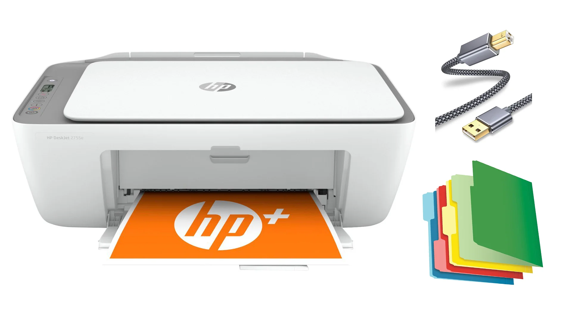 H-P DeskJet 27 Series All-in-One Color Inkjet Printer, Print Copy Scan, Mobile Printing, Wireless USB Connectivity, Up to 7.5 ISO PPM, Photo Printing, Gray, with MTC Printer Cable and File Folders