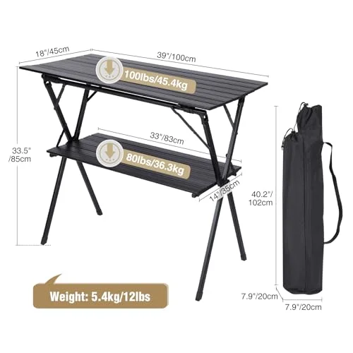 REDCAMP Folding Portable Camping Table, Aluminum Roll-up Table with Large Storage Shelf for Beach,Backyard, BBQ, Party, Picnic