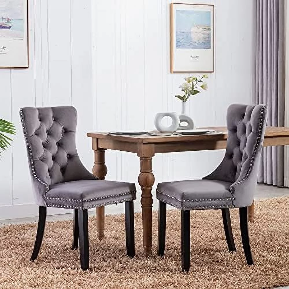 TJUNBOLIFE Velvet Dining Chairs   Upholstered Accent Chairs with Wooden Legs  Silver Nailhead Trim  Back Ring Pull and Button Tufted  Seat Height 20"  Burgundy