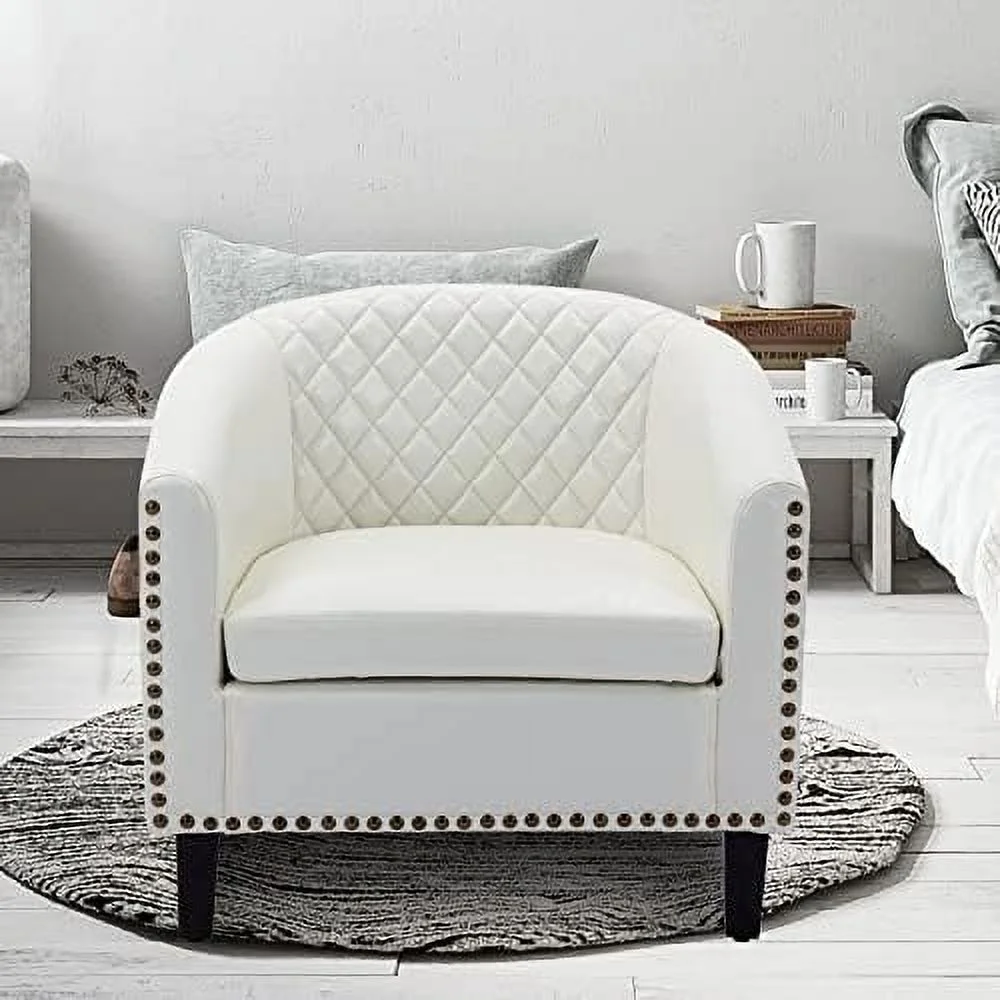 xrboomlife Club Chair Accent Barrel Chair with Solid Wood Legs Armchair with White Faux Leather Futon Chair with Nail Head Trim Comfy Chair for Bedroom Living Room Home Club Business Offi