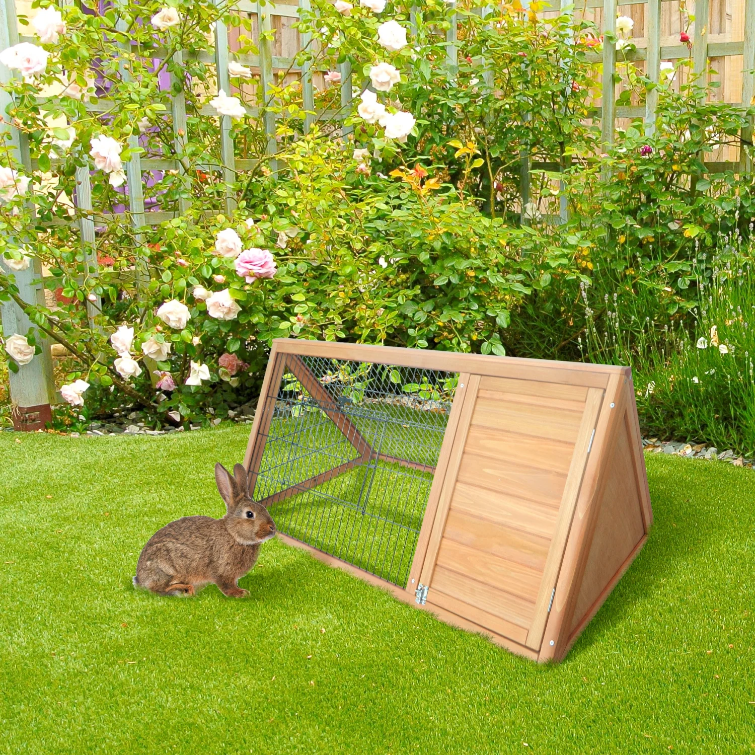 DremFaryoyo PawHut 46” x 24” Wooden -Frame Outdoor Rabbit Cage Small Animal Hutch with Outside Run & Ventilating Wire  Yellow