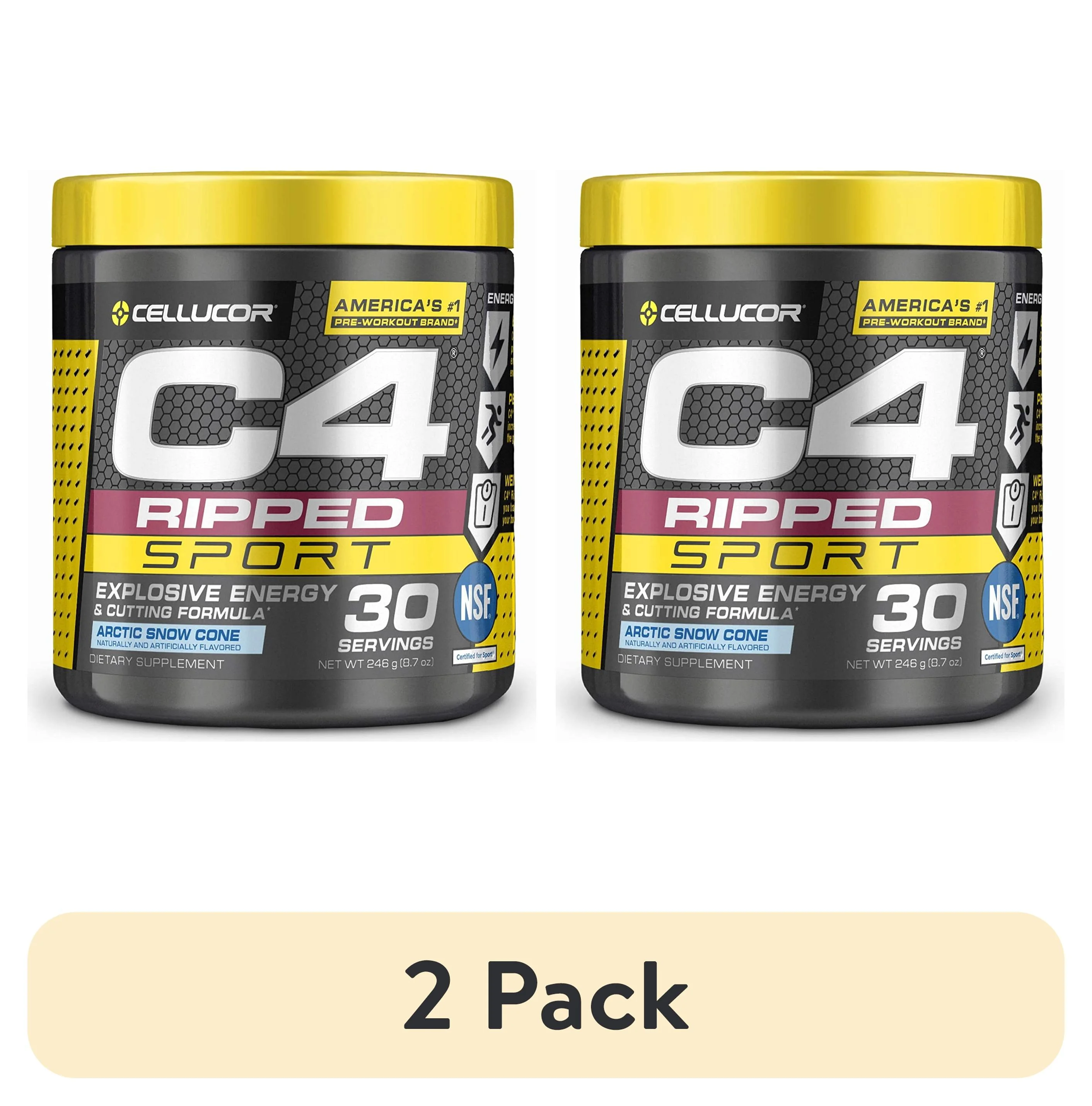 (2 pack) C4 Ripped Sport Pre Workout Powder Arctic Snow Cone - NSF Certified for Sport + Sugar Free Preworkout Energy Supplement for Men & Women - 135mg Caffeine + Weight Loss - 30 Servings
