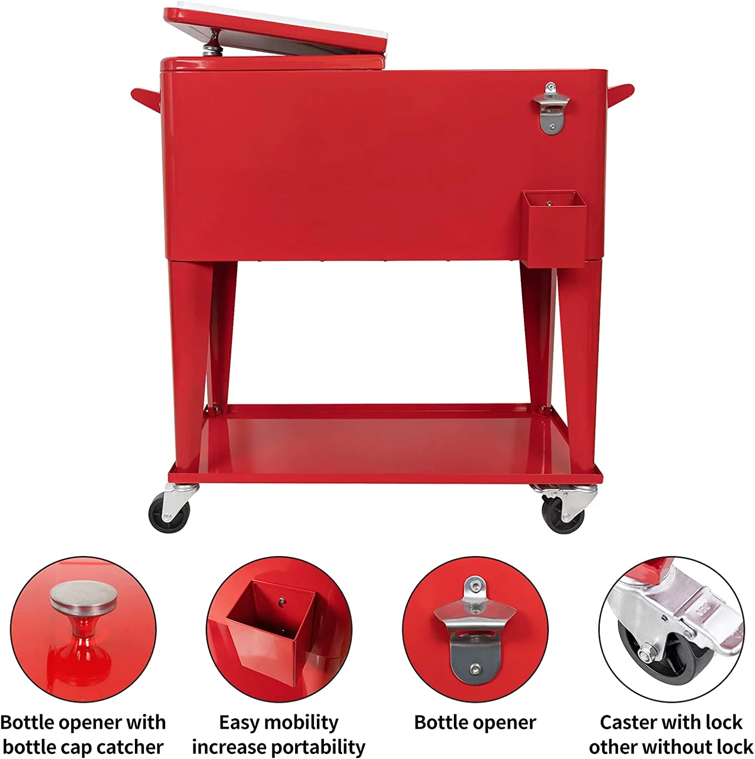 FreeLung 80QT Rolling Cooler Cart with Wheels Ice Chest Outdoor Backyard Coolers on Wheels Red