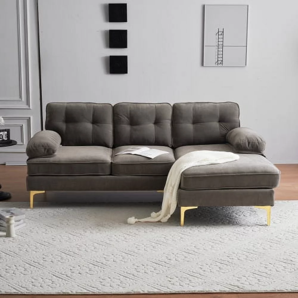 DremFaryoyo 83” Modern Sectional Sofas Couches Velvet L Shaped Couches for Living Room  Bedroom  Light Grey