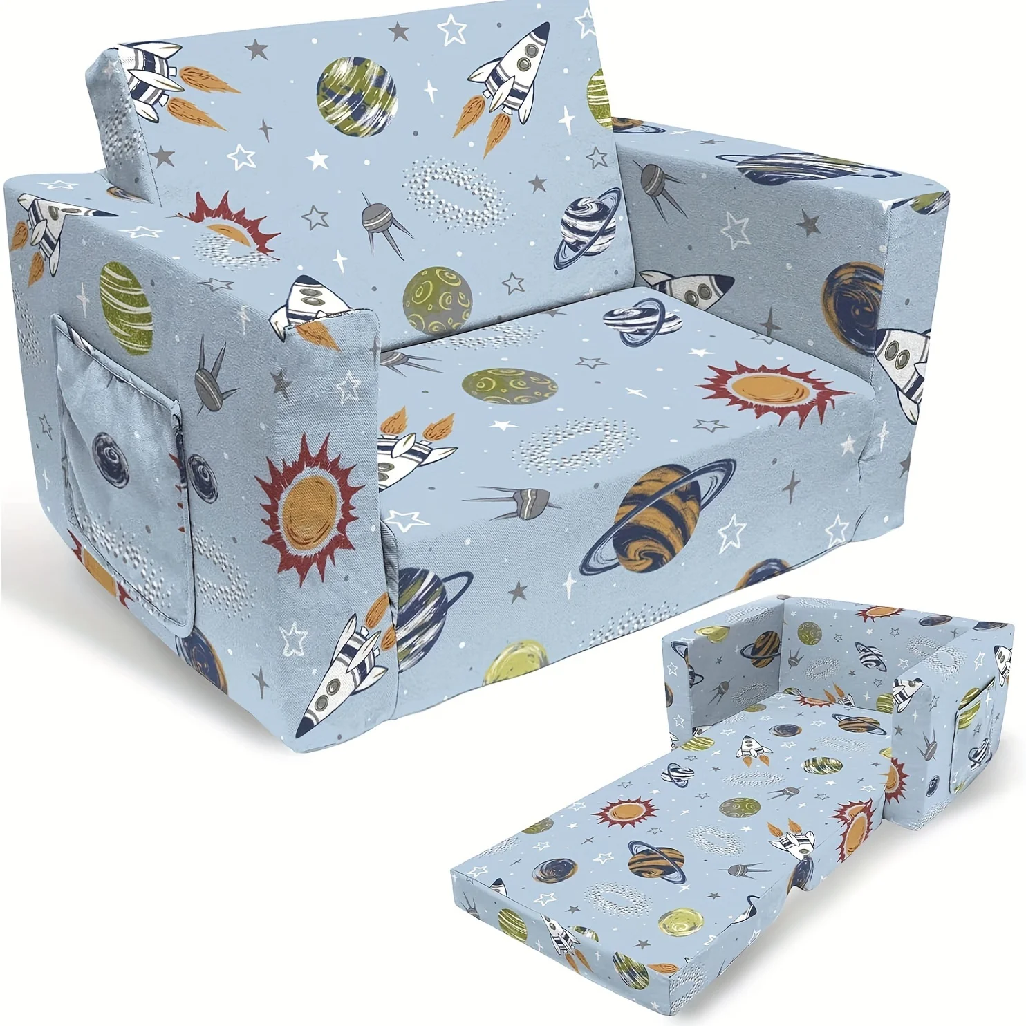 Truwelby Toddler Couch Kids Sofa Children's 2 in 1 Convertible Sofa to Lounger - Space Printed Toddler Chairs for Boys Girls Couch Bed - Extra Soft Flip Open Chair & Sleeper