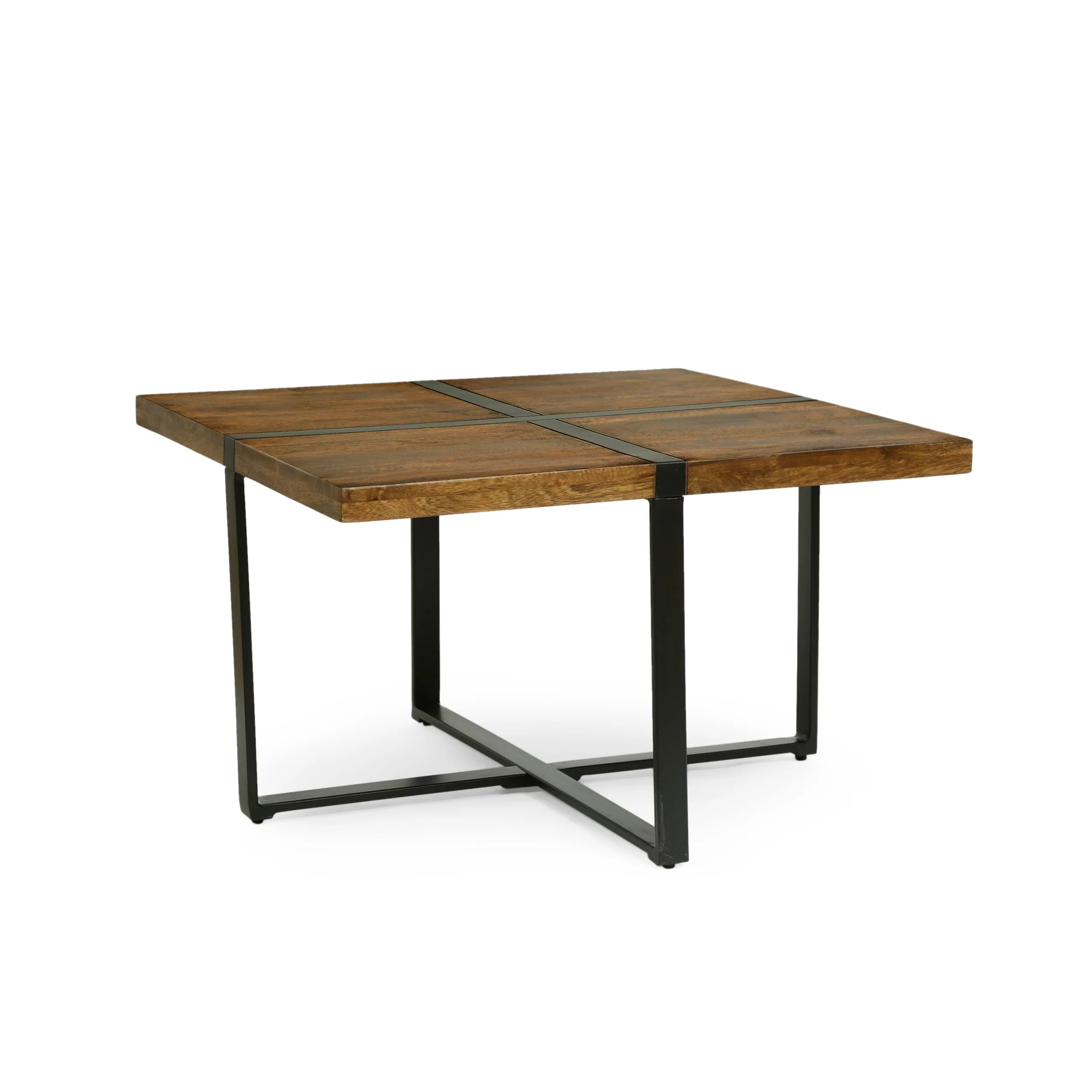 Noble House Parkey Mango Wood and Metal Handmade Square Coffee Table, Walnut Brown and Black