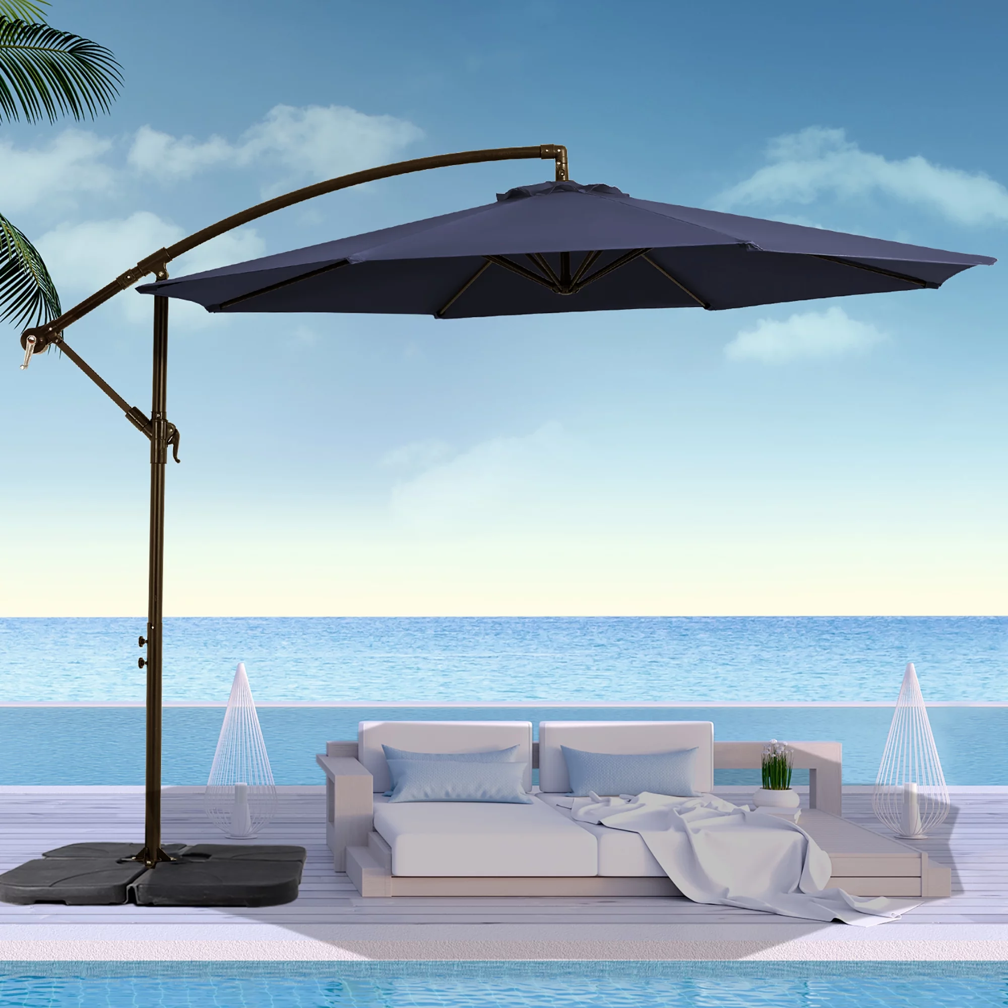 Wulful 10 ft Hanging Offset Cantilever Umbrella with Weighted Base Included, Navy Blue