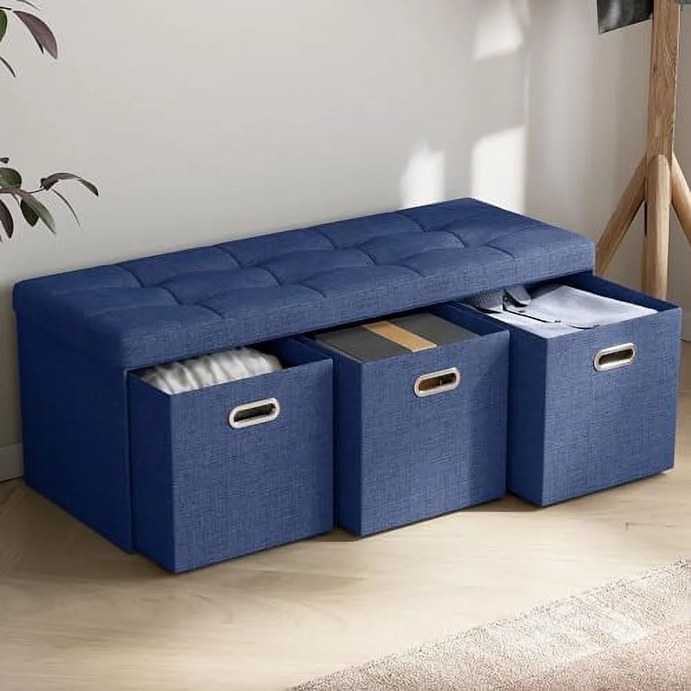 ZFGSUIJN Foldable Tufted Linen Large Long Bench  Ottoman Foot  Stool Seat with 3 Drawer Cubes - 15" x 40" x 15"  Navy Blue