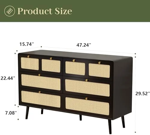 xrboomlife 6 Drawer Dresser for Bedroom  Natural Rattan  Cabinet with Wide Drawers & Golden Handles  Black Wooden Closet Dresser Chest of Drawers for Home Office Living Room Kitchen E
