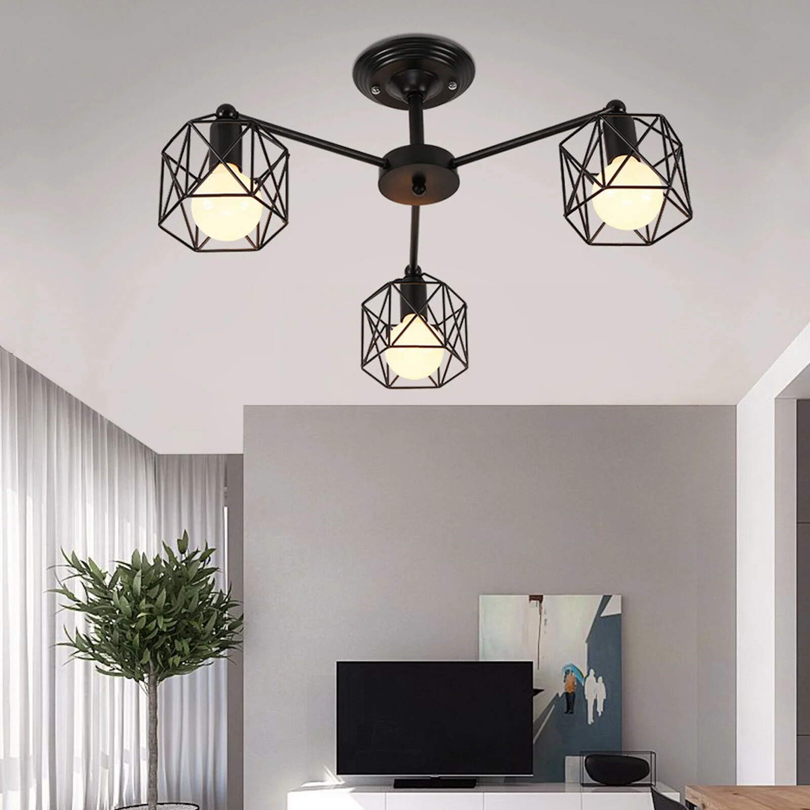 3-Heads Industrial Pendant Light Fixture Vintage Ceiling Light 3-light with Iron Cage