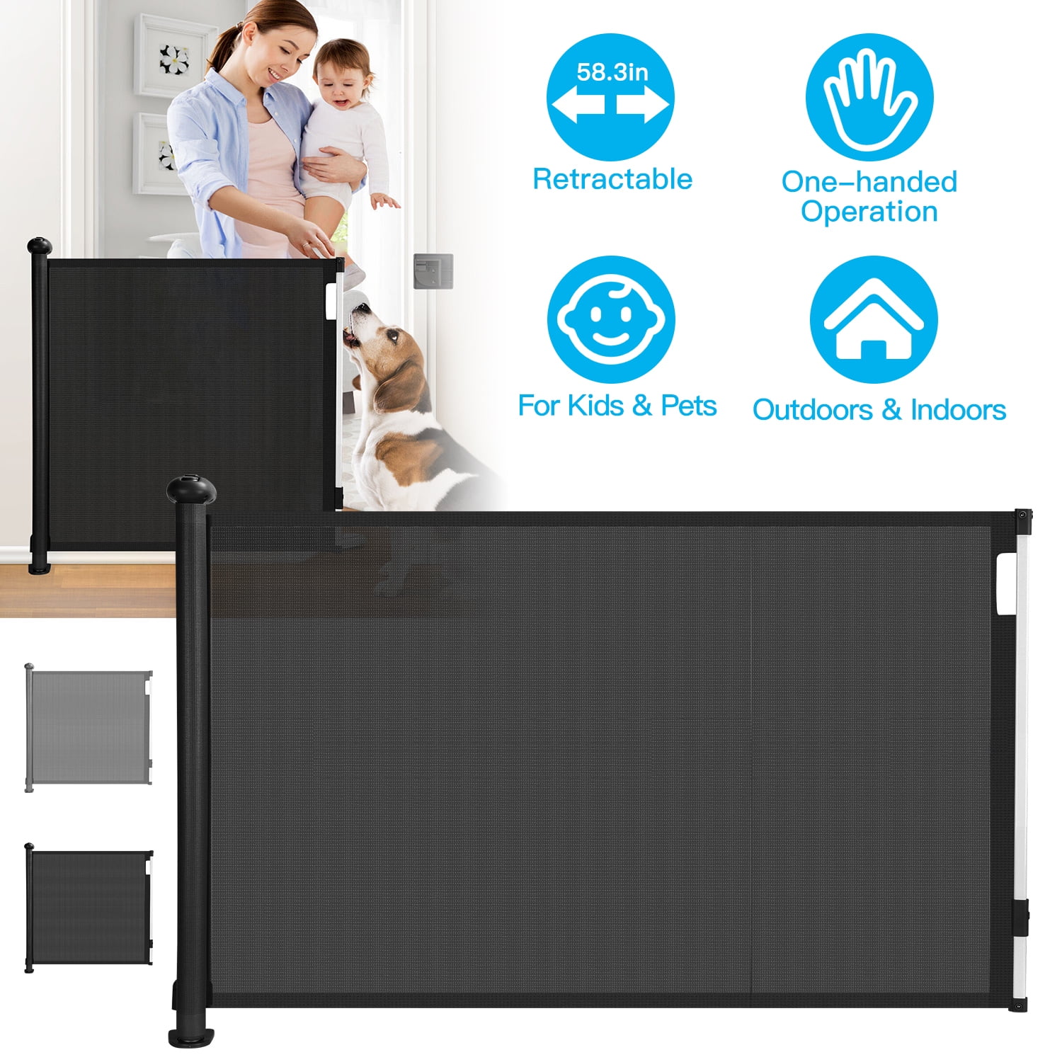 Retractable Baby Gate Door iMounTEK 58.3in Wide Gate for Stair Toddlers Dogs Baby Gate with PVC Mesh Punch Kit Punch-free Kit for Doorway Hallway Indoor Outdoor, Black