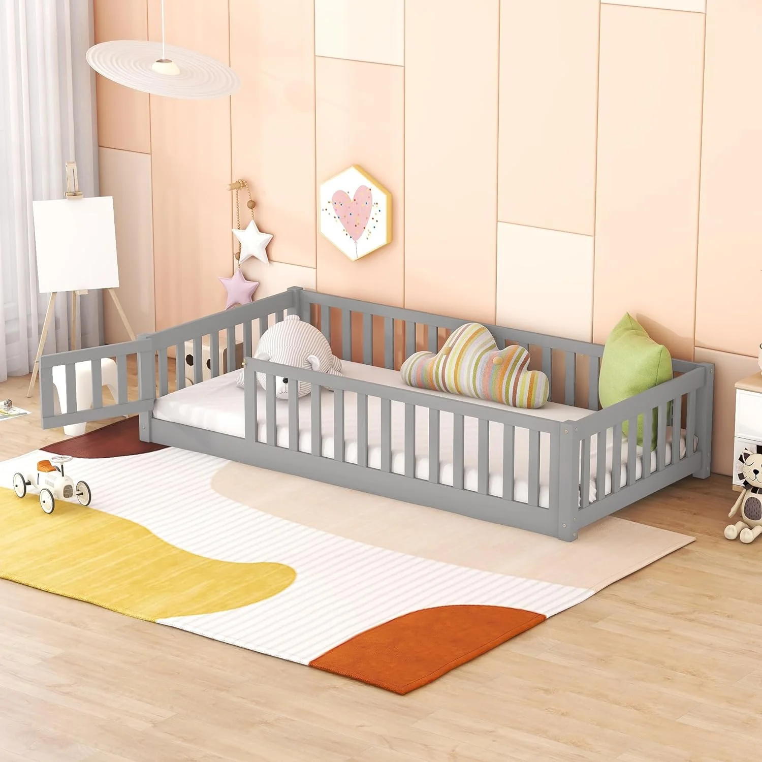 Size Floor Bed Wih Fence And Door, Wooden Monessori Plaform Bed Frame For Kids, Boys Girls, Slas Included, No Box Spring Needed (, Espresso)