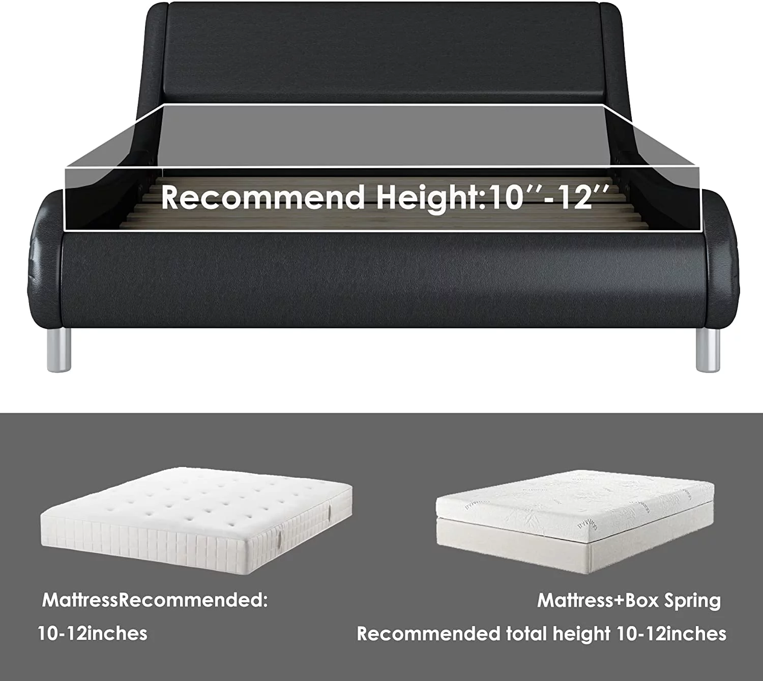 Full Size Faux Leather Upholstered Platform Bed Frame with Adjustable Headboard, Modern Deluxe Low Profile Sleigh Bed Frame, Wave-Like Curve Bed Frame, Wood Slat Support, No Box Spring Needed, Black