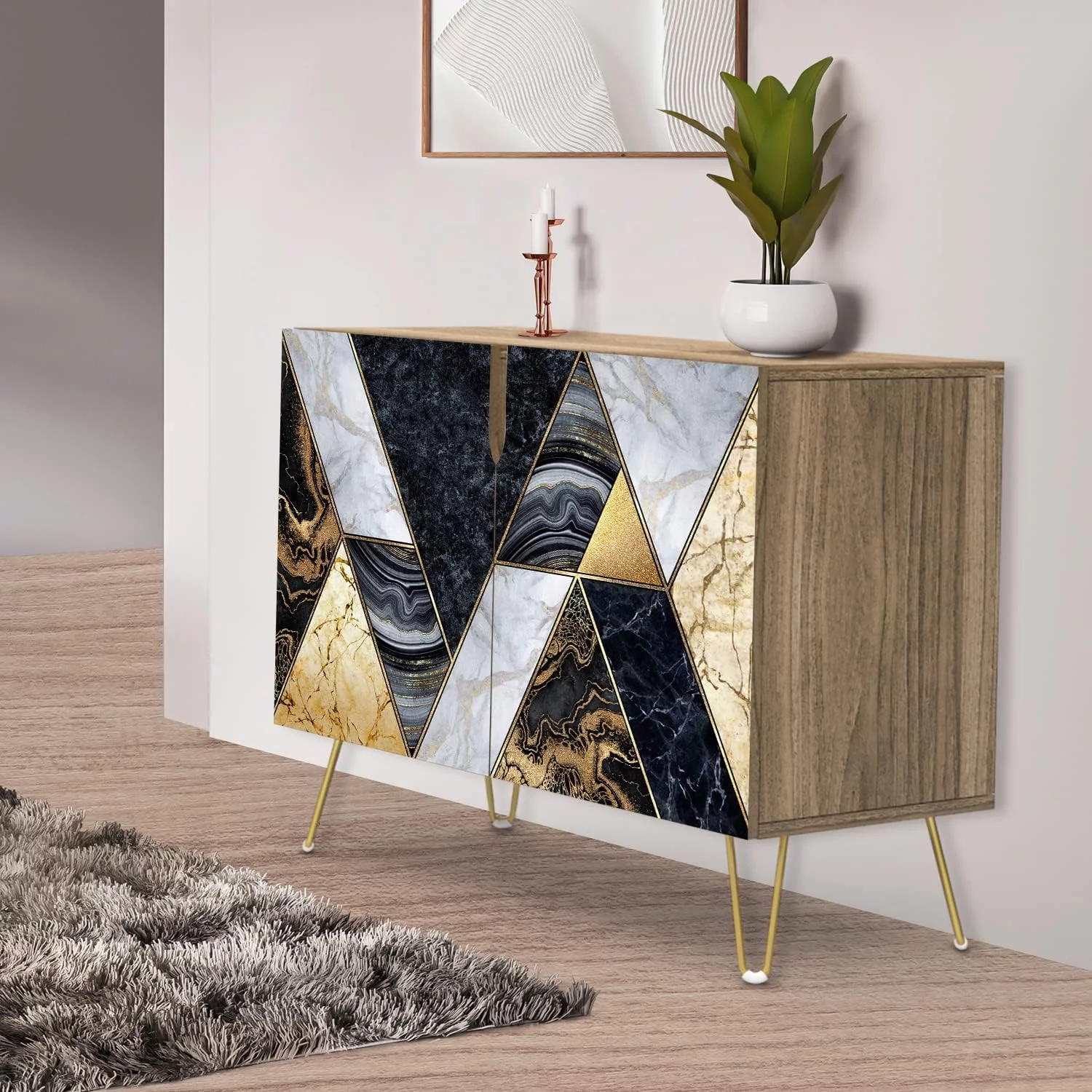 Sideboard Buffet Cabinet, Kitchen Storage Cabinet With 2 Doors, Geometric Bronze Circle Pattern, Cupboard Console Table For Dining Room - 35