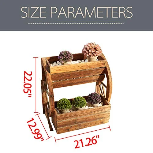 LOKATSE HOME Wooden Wagon Wheel Double-Tier Planter Outdoor Garden Decor Plant Flower Holder Stand, Brown