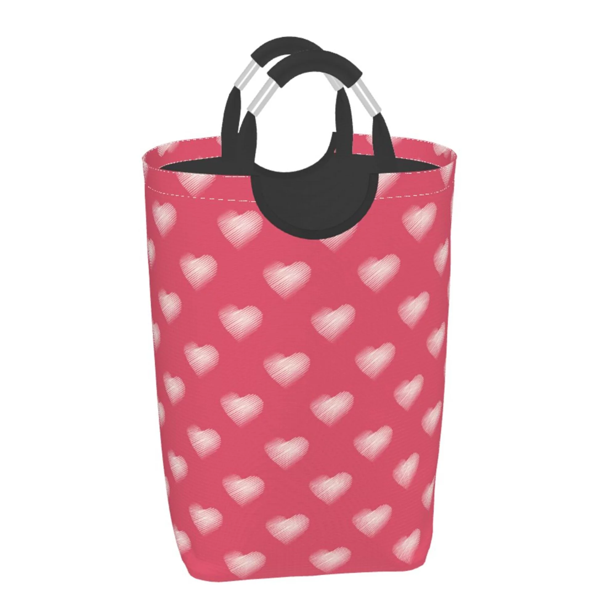 TEQUAN 50L Large Rectangular Laundry Hamper with Aluminum Handles, Romance Pink Valentine Hearts Prints Waterproof Foldable Dirty Clothes Basket