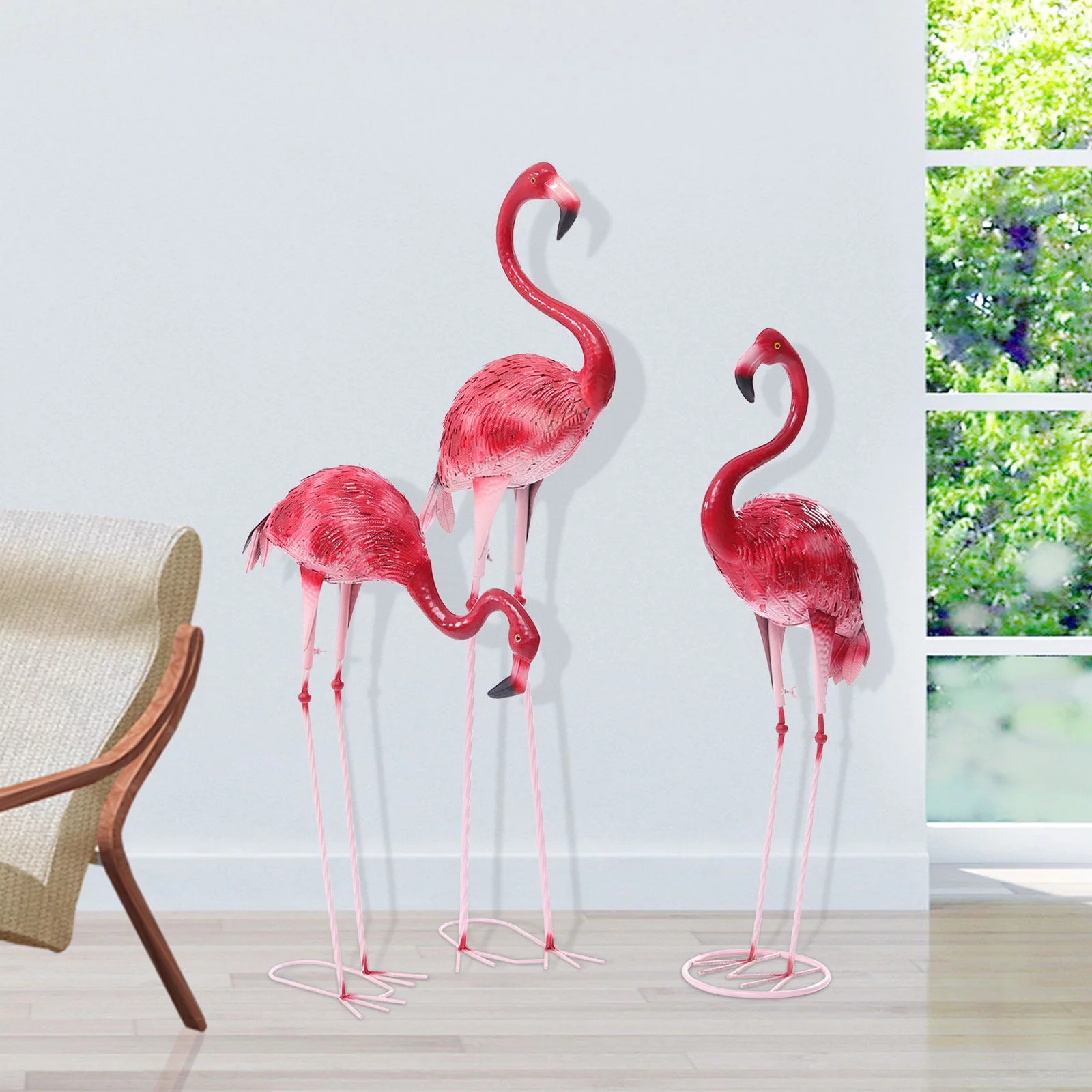 Wuzstar 3Pcs Pink Flamingo Statue Iron Outdoor Indoor Flamingo Sculpture for Patio Lawn Backyard Decorations