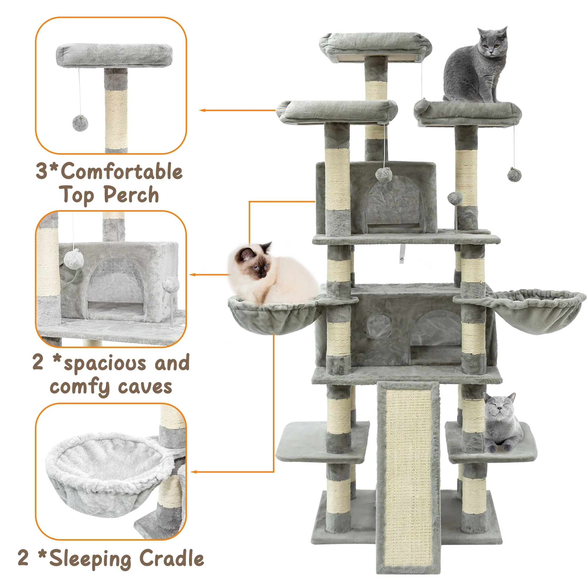 68 Inches Multi-Level Big Cat Tree, Tall Multi-Cats Tower with 2 Big Cat Condo &Cat Hair Brush, Large Cat Tree with 3 Padded Plush Perches & Scratching Posts