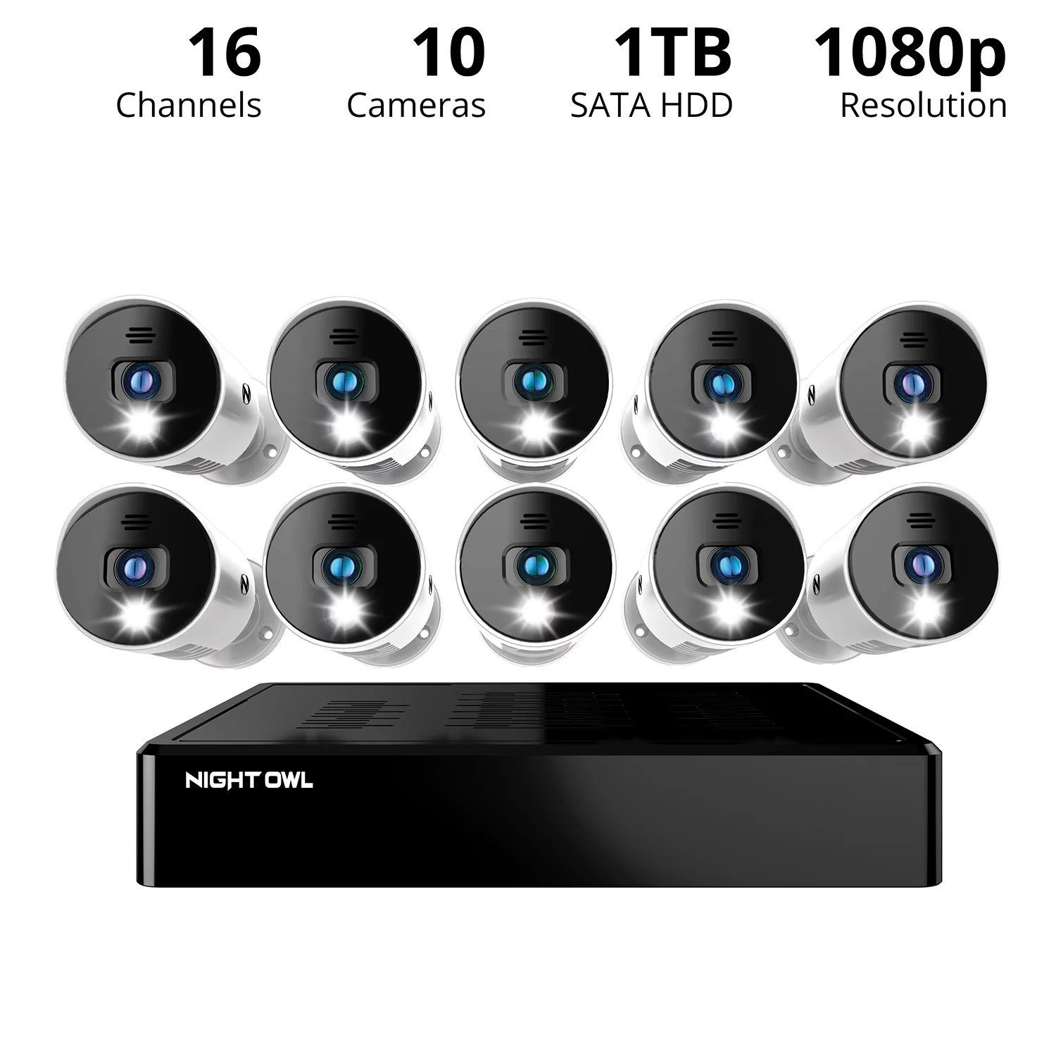 Night Owl Security Camera System CCTV, 16 Channel Bluetooth DVR with 1TB Hard Drive, 10 Wired 1080p HD Spotlight Surveillance Bullet Cameras, Audio Enabled Indoor Outdoor Cameras with Night Vision