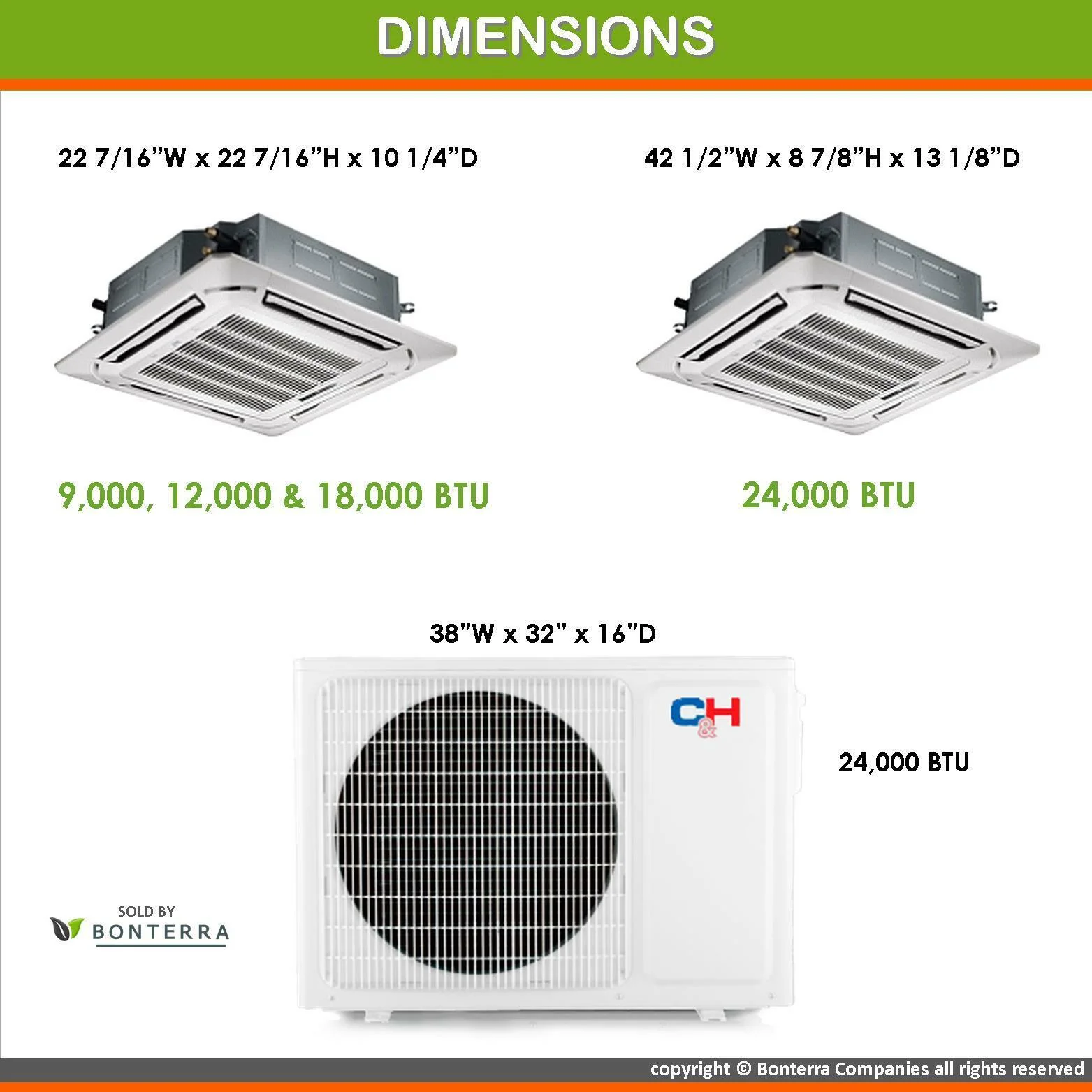 COOPER AND HUNTER Tri 3 Zone Ductless Mini Split Air Conditioner Ceiling Cassette Heat Pump 9000 9000 12000