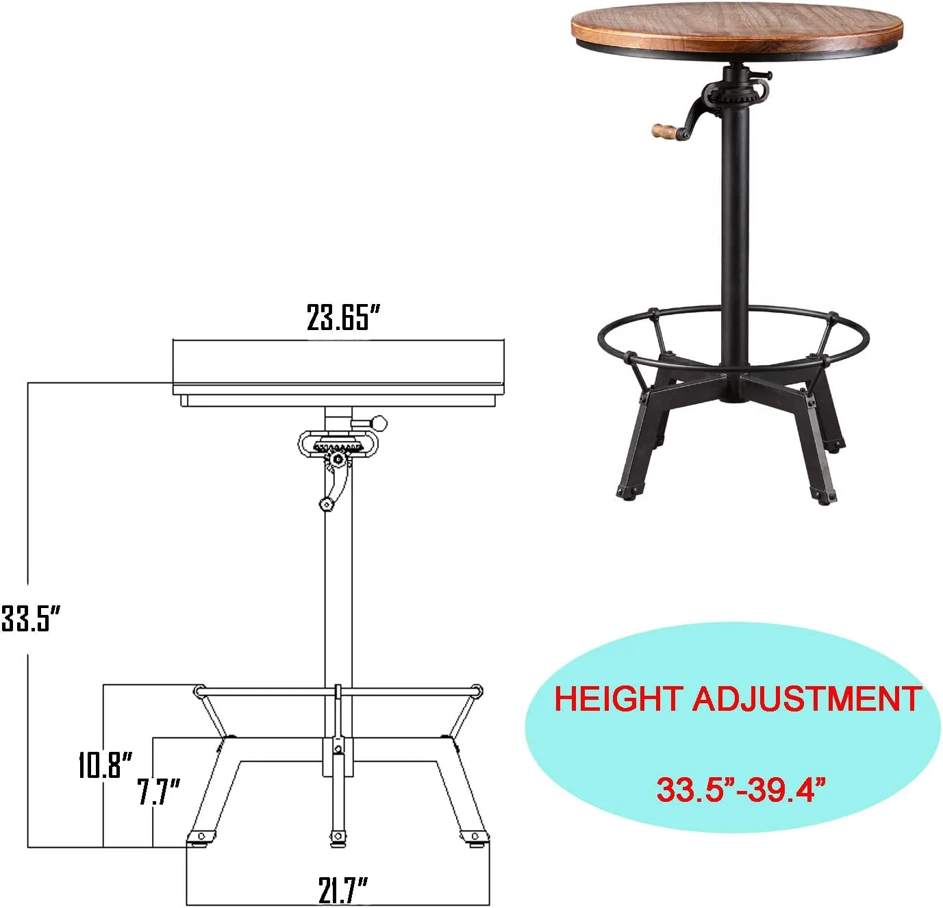 MQLIFEBOOM Industrial Pub Table 23.65" Round Wood Top Adjustable Height 33.5"-39.4" with Handle Black  Table