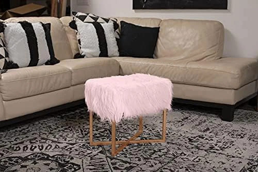 TJCGDTY Rectangular White Faux Fur Foot Stool Ottoman with Gold Legs - Vanity Chair - Soft Compact Padded Seat - Bedroom and  Room Chair - Metal - Fluffy  Seat