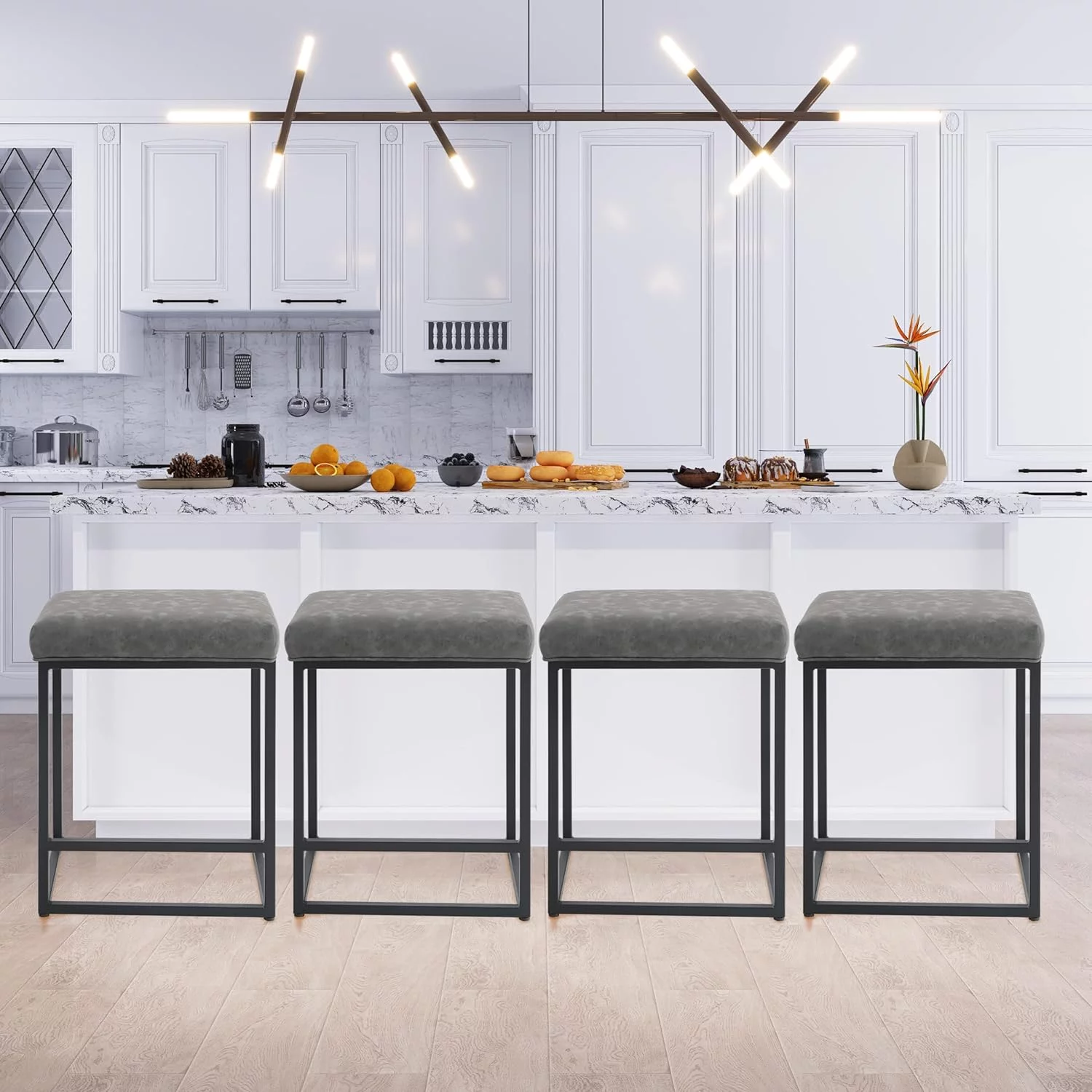 24 Inch Counter Height Bar Stools Set Of 4, Upholstered Bar Stools For Kitchen Island, Counter Stools With Faux Leather Cushion And Sturdy Metal Frame, Modern Barstools, Grey