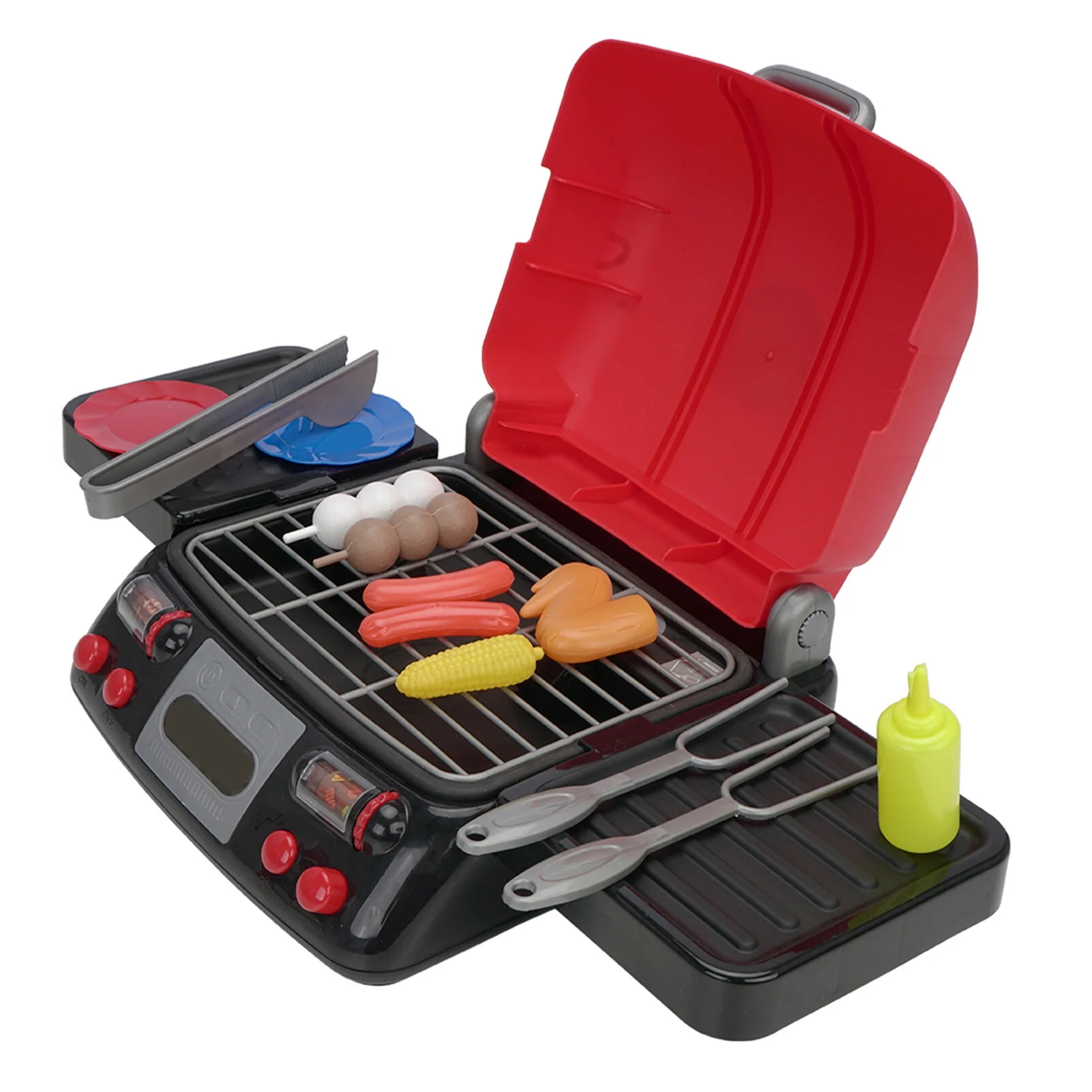 Kids Play Food Grill with Pretend Sizzling Sounds Smoke and Light Kitchen 19 Piece Playset Pretend BBQ Outdoor Toys for Toddlers Children Boys Girls Birthday Gift