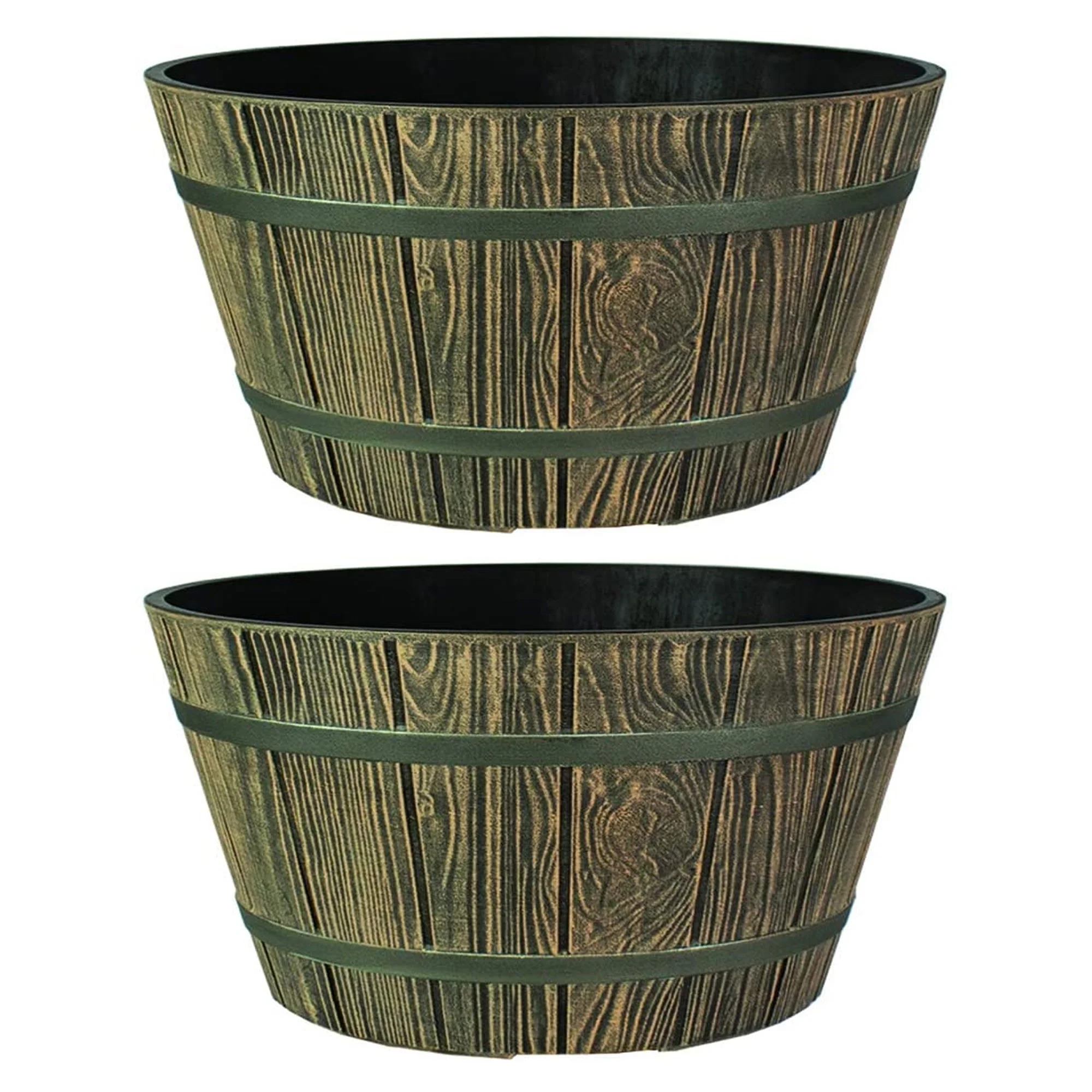 HC Companies 16 Inch Aged Wooden Oak Round Whiskey Barrel Planter (2 Pack)
