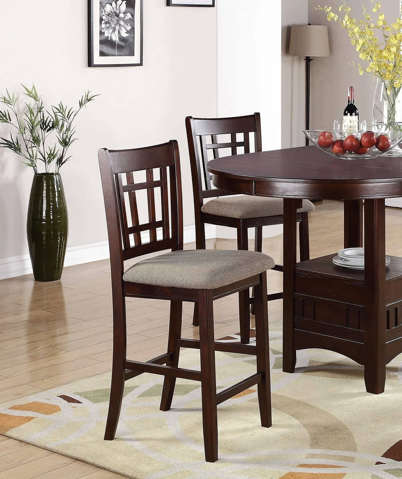 Elegant Dark Rosy Brown Solid Wood Round Counter Height Dining Table with Shelve - 1 Piece Table Only