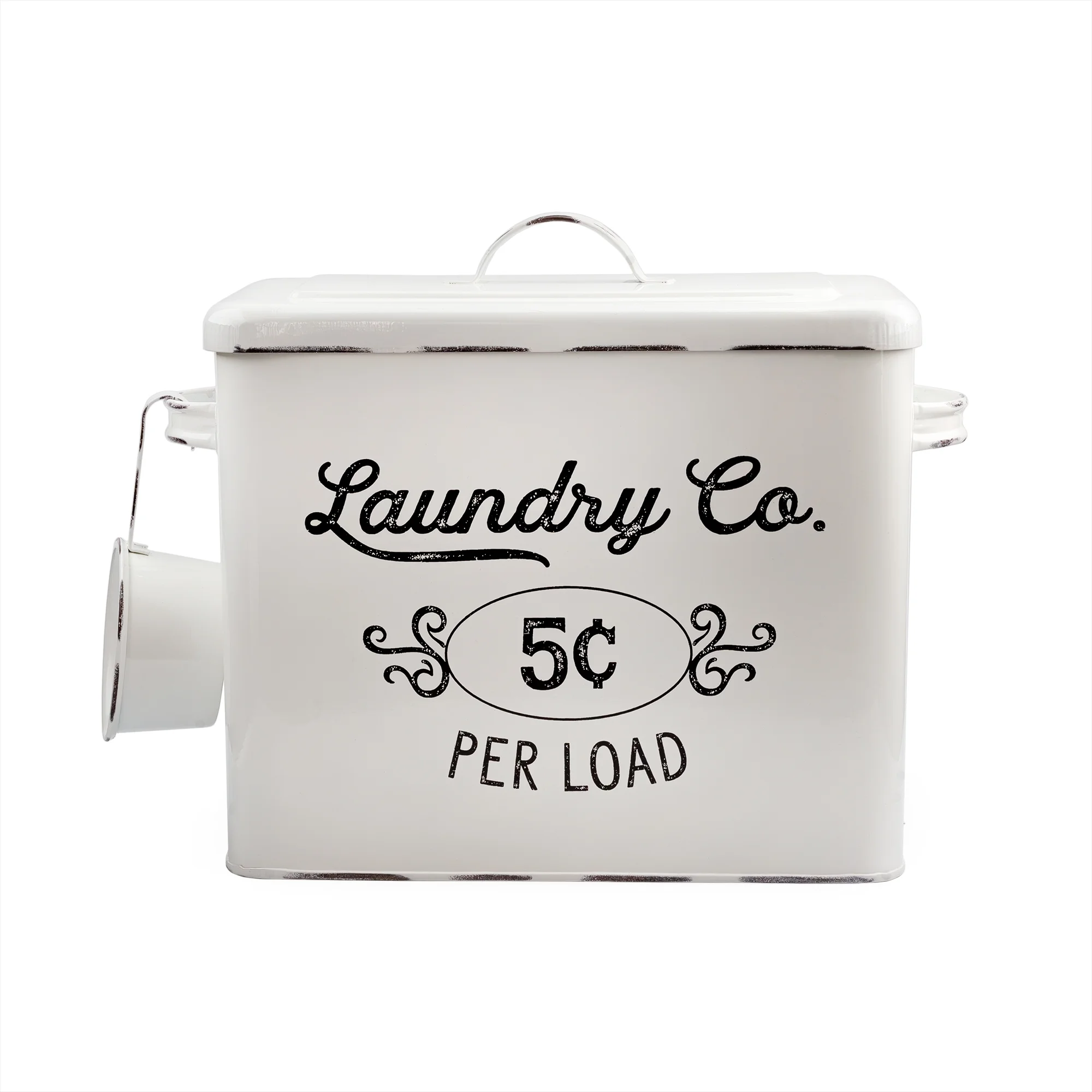 AuldHome Farmhouse Laundry Powder Container, White Enamelware Detergent Bin with Scoop