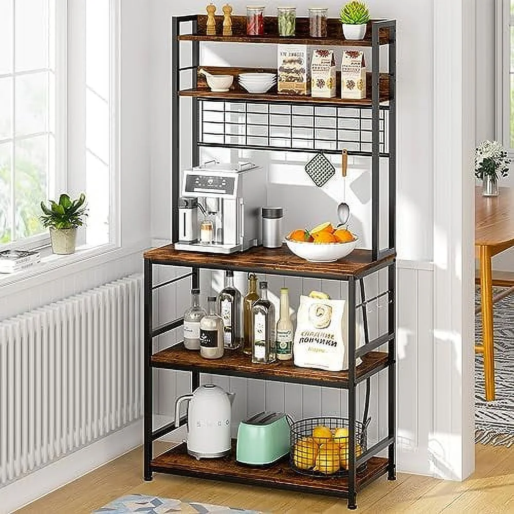 xrboomlife Kitchen Bakers Rack with Power Outlet  Coffee  Cabinet  Kitchen Racks with  Cabinet  5-Tier Microwave Stand with 10 Hooks and Metal Wire Panel (31.5''  Gray)