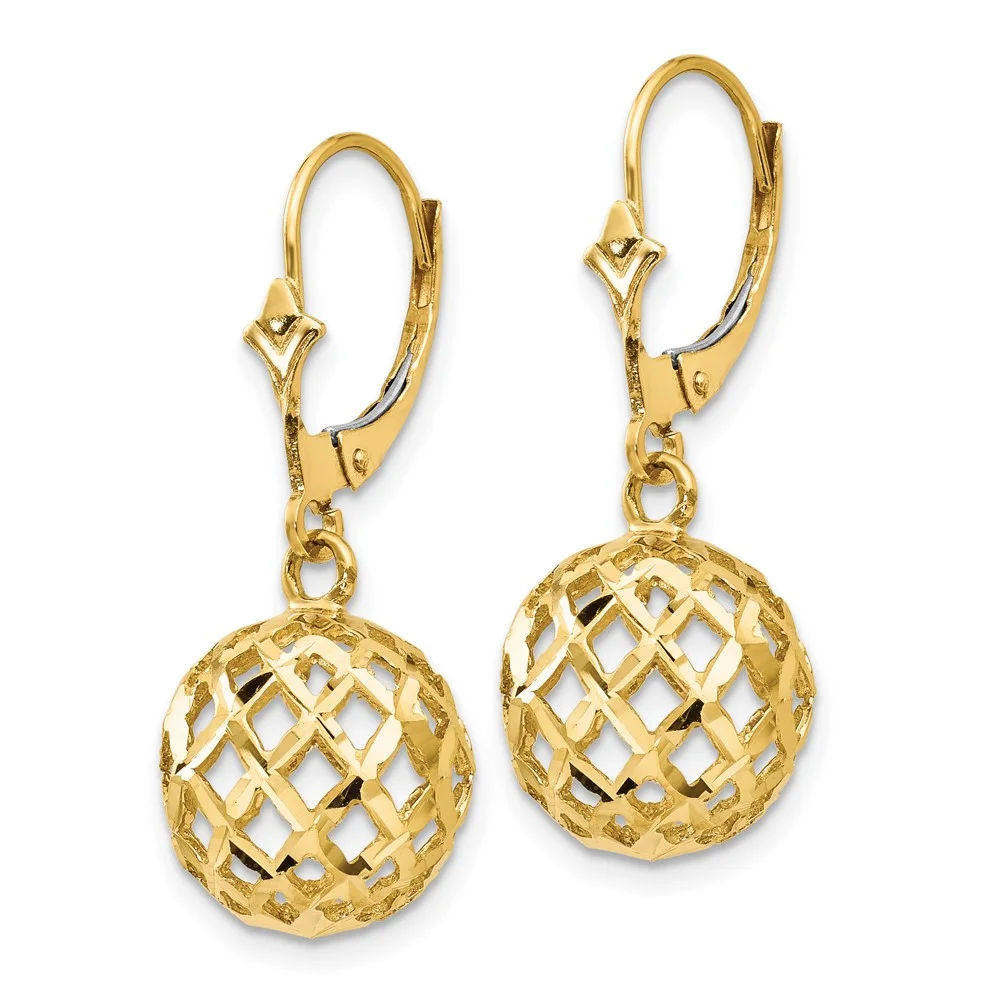 Primal Gold 14 Karat Yellow Gold Polished and Diamond-Cut Mesh Ball Dangle Leverback Earrings